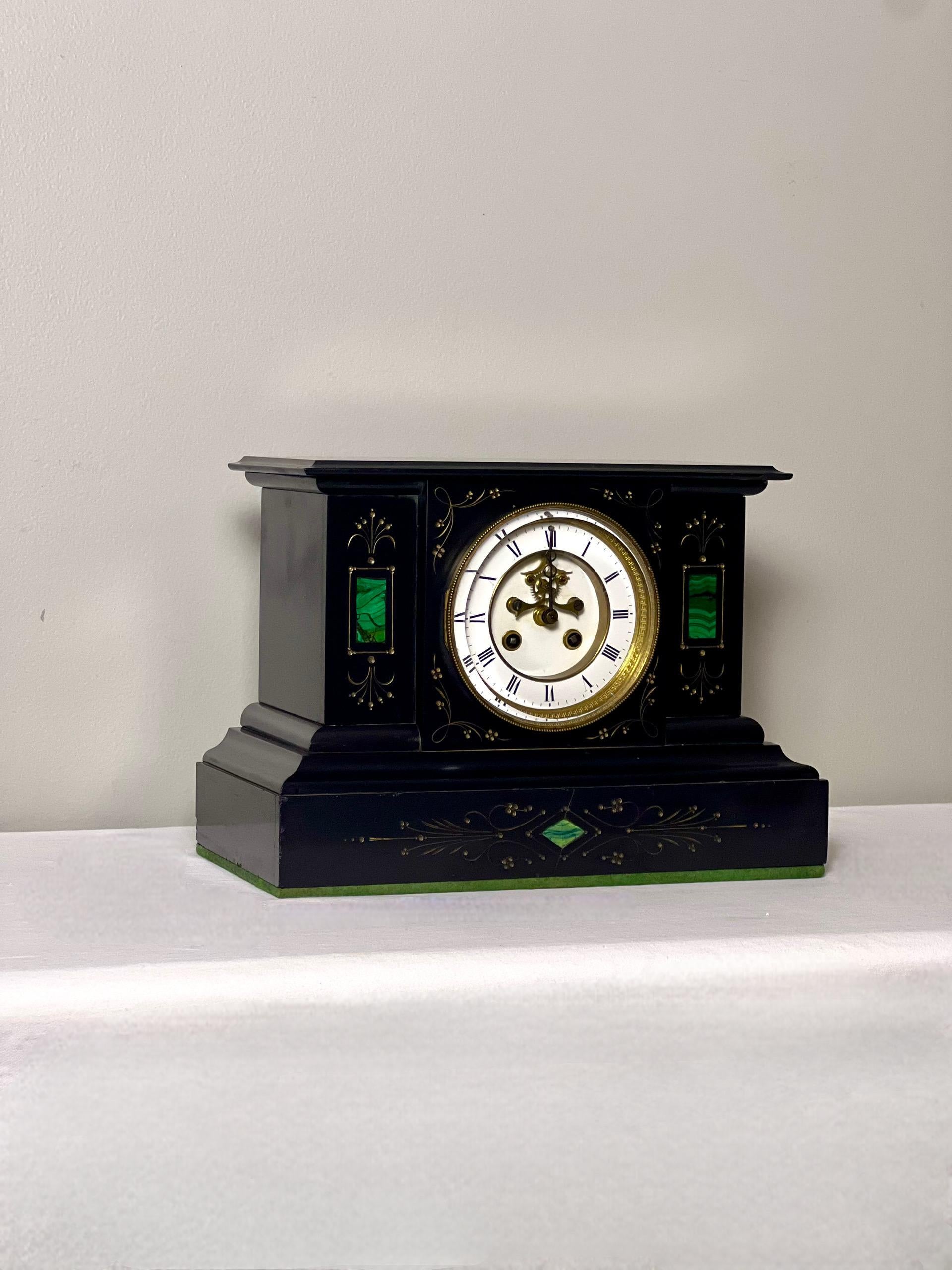 French Belgian Black Slate Mantle Clock with Open Escapement and Malachite Inlay For Sale 7
