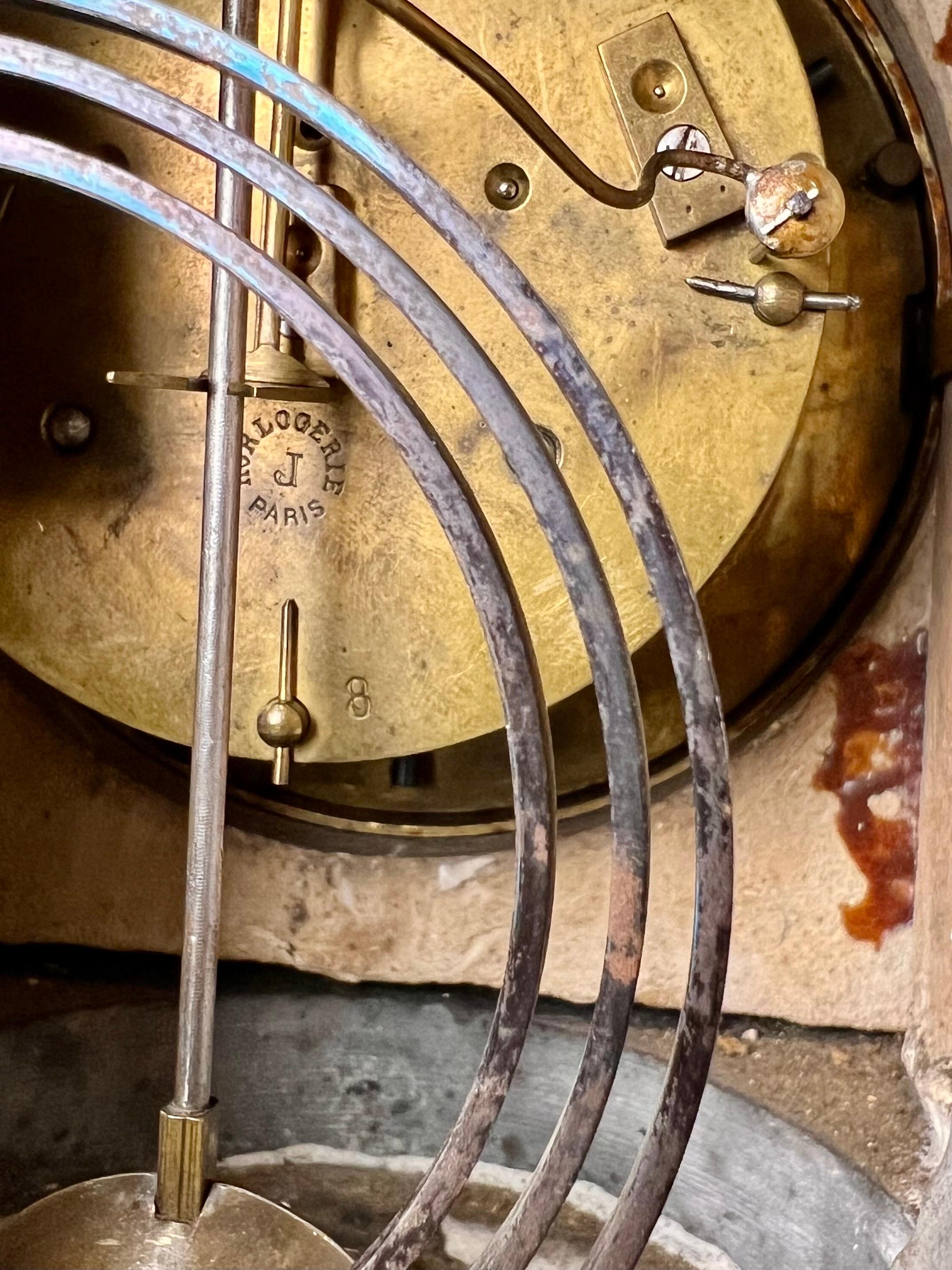 French Belgian Black Slate Mantle Clock with Open Escapement and Malachite Inlay For Sale 8