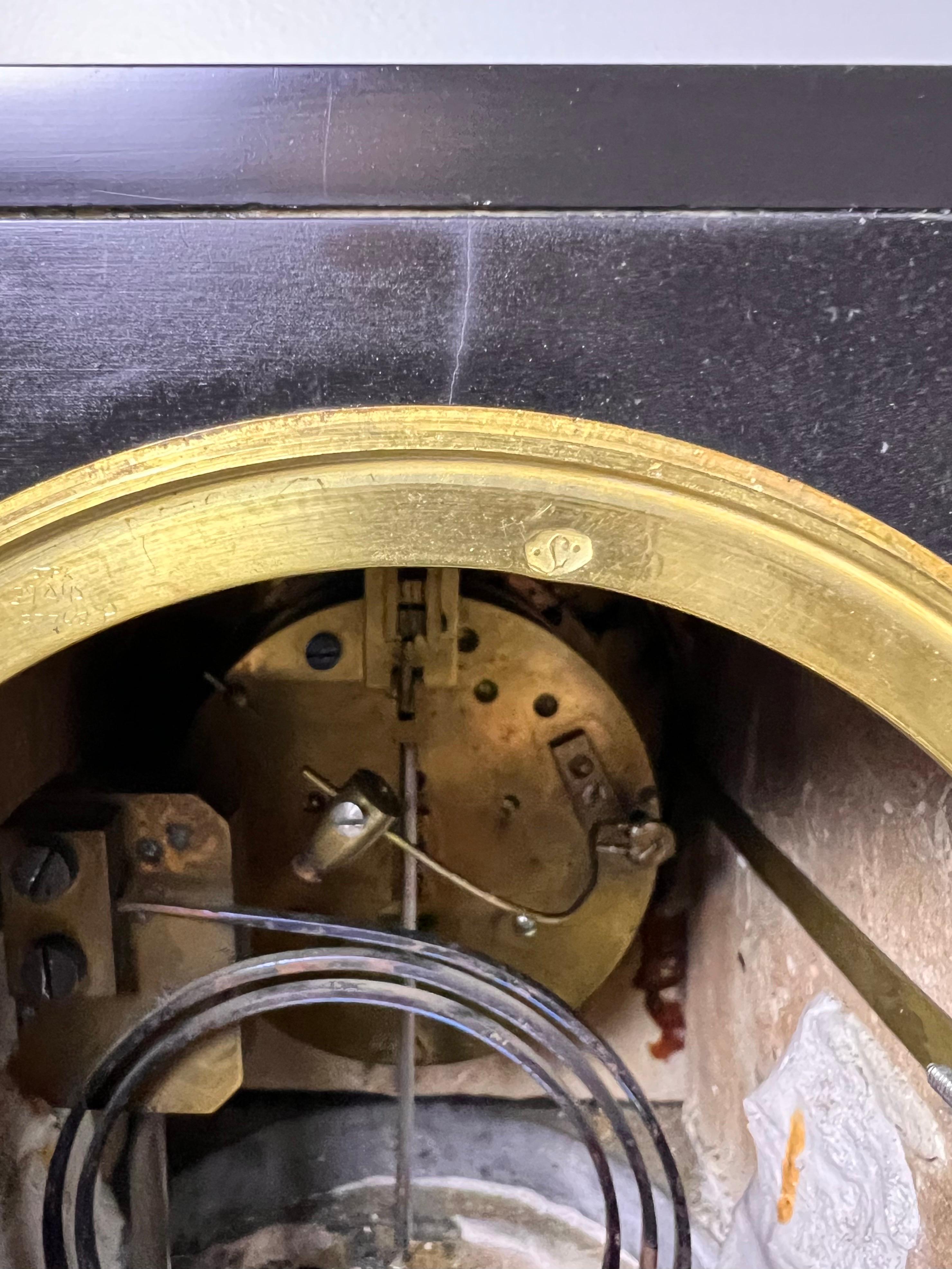 French Belgian Black Slate Mantle Clock with Open Escapement and Malachite Inlay For Sale 9