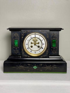 French Belgian Black Slate Mantle Clock with Open Escapement and Malachite Inlay
