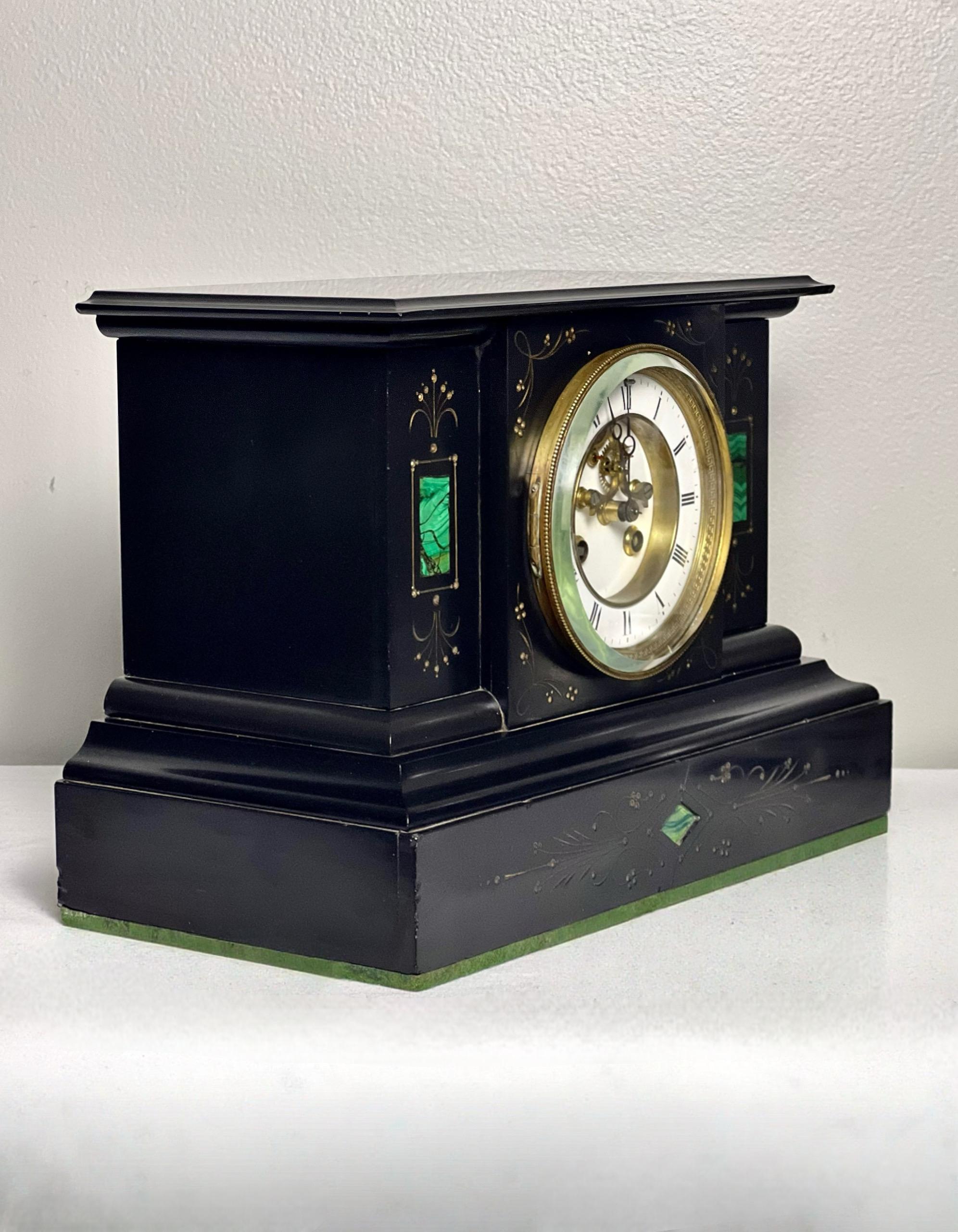 Engraved French Belgian Black Slate Mantle Clock with Open Escapement and Malachite Inlay For Sale