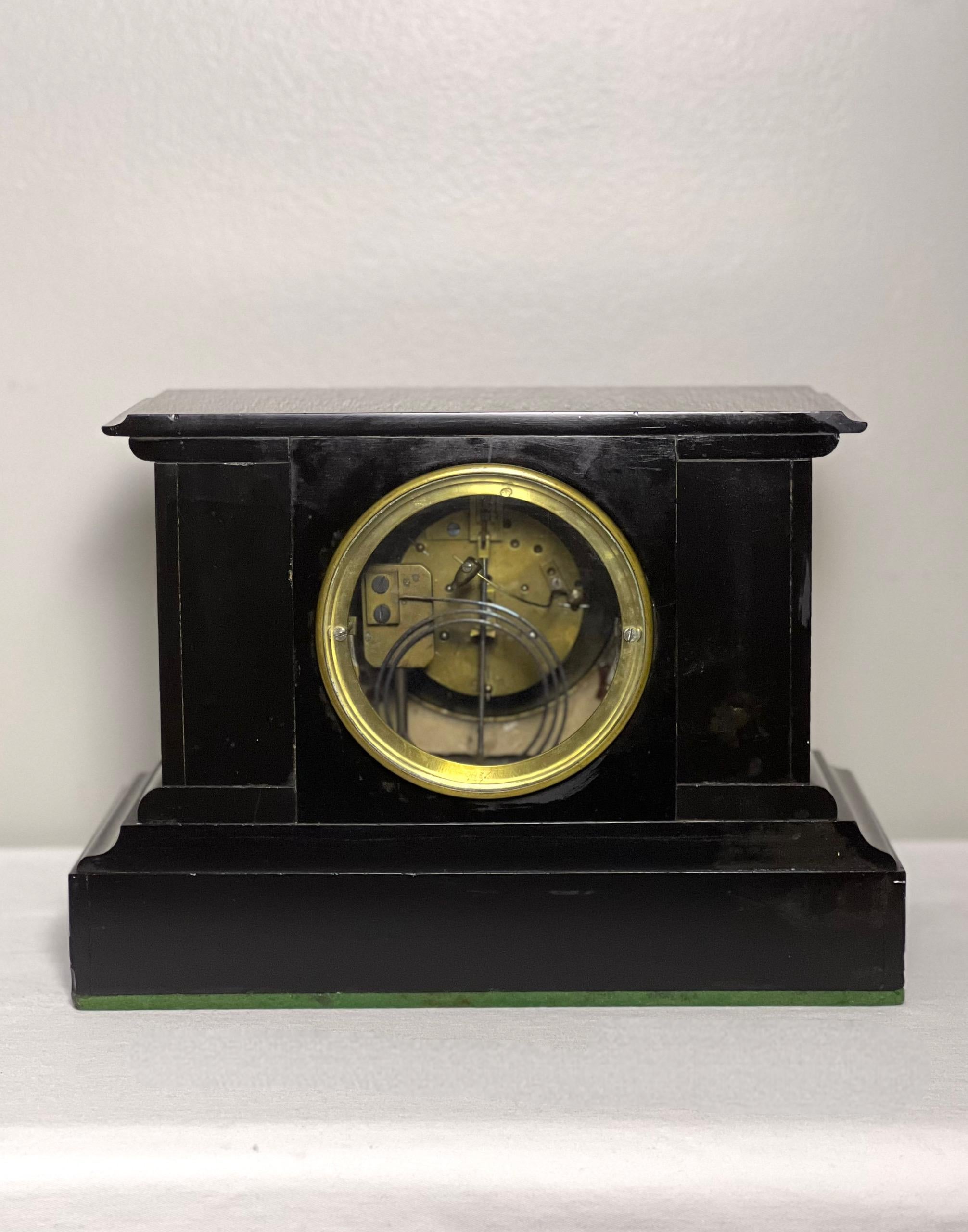 French Belgian Black Slate Mantle Clock with Open Escapement and Malachite Inlay In Good Condition For Sale In Doylestown, PA