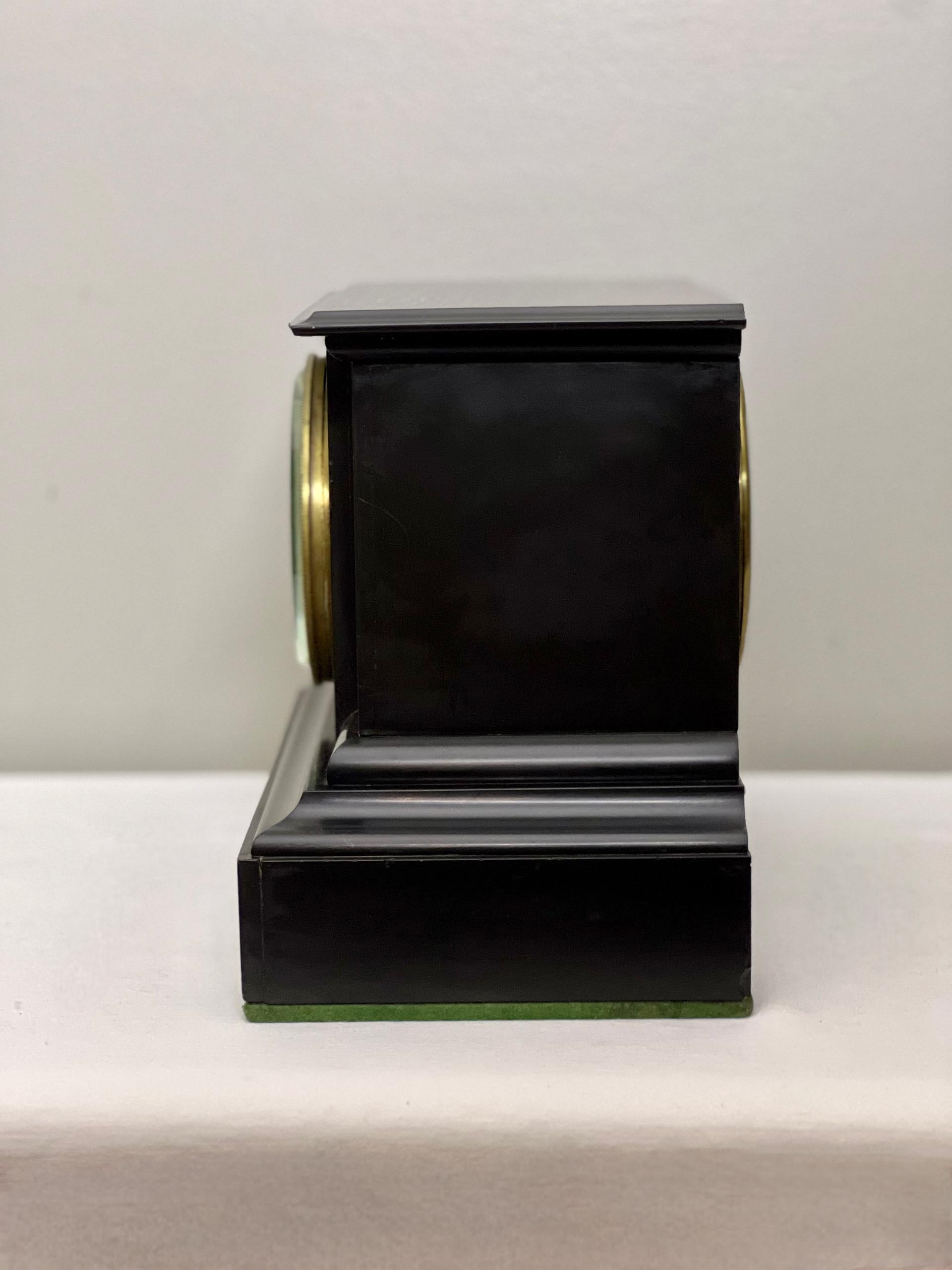 19th Century French Belgian Black Slate Mantle Clock with Open Escapement and Malachite Inlay For Sale