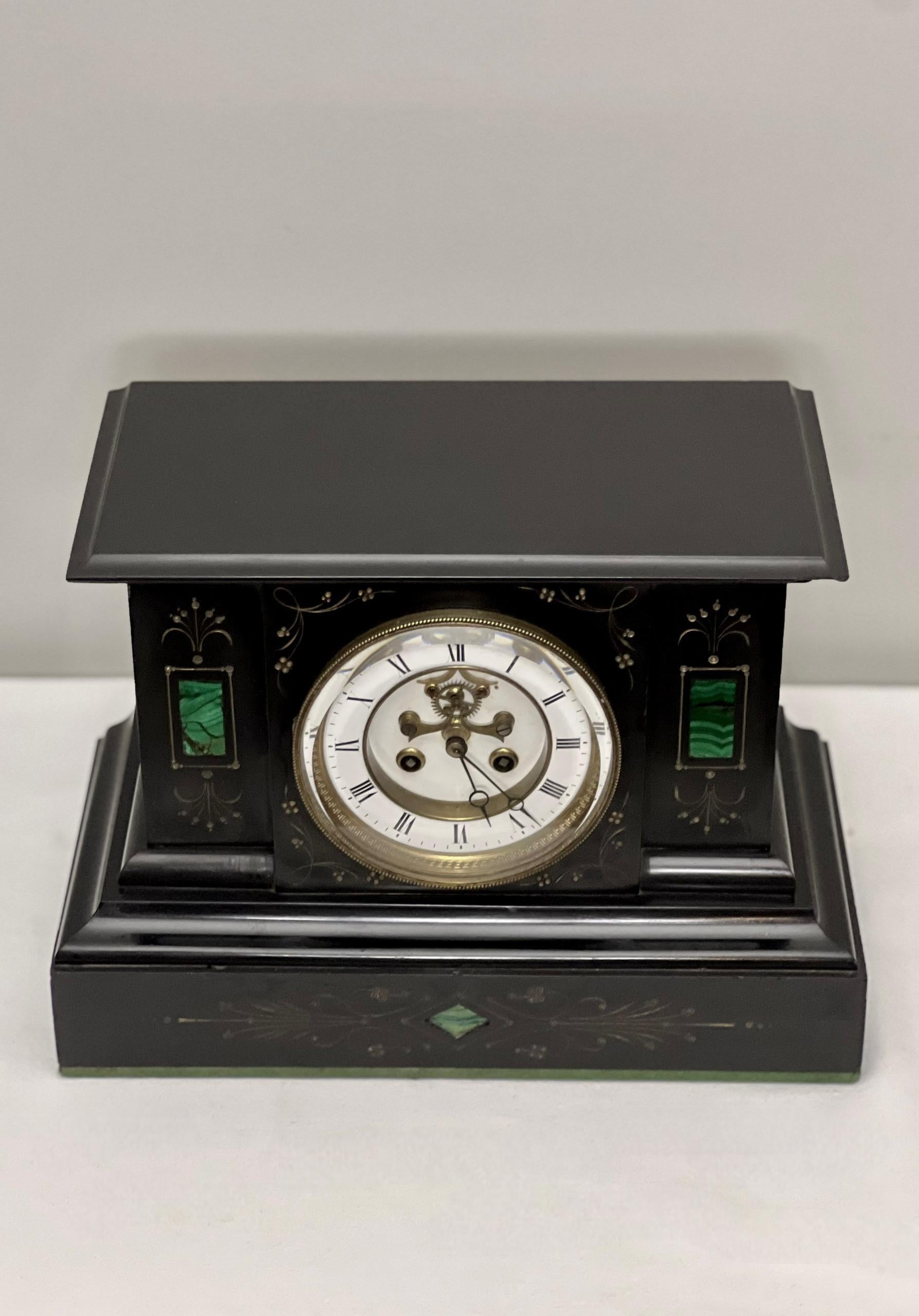 French Belgian Black Slate Mantle Clock with Open Escapement and Malachite Inlay For Sale 1