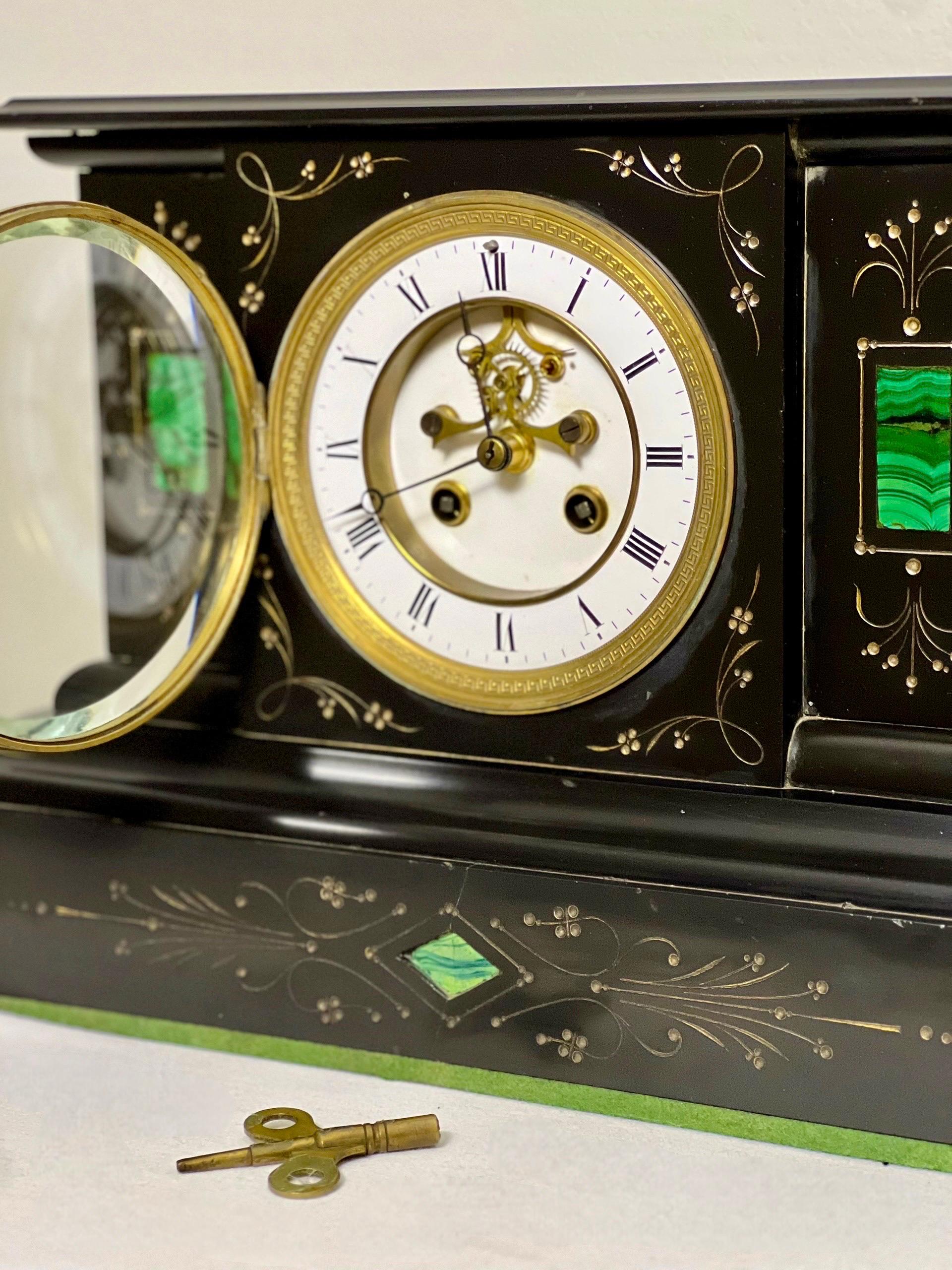French Belgian Black Slate Mantle Clock with Open Escapement and Malachite Inlay For Sale 2