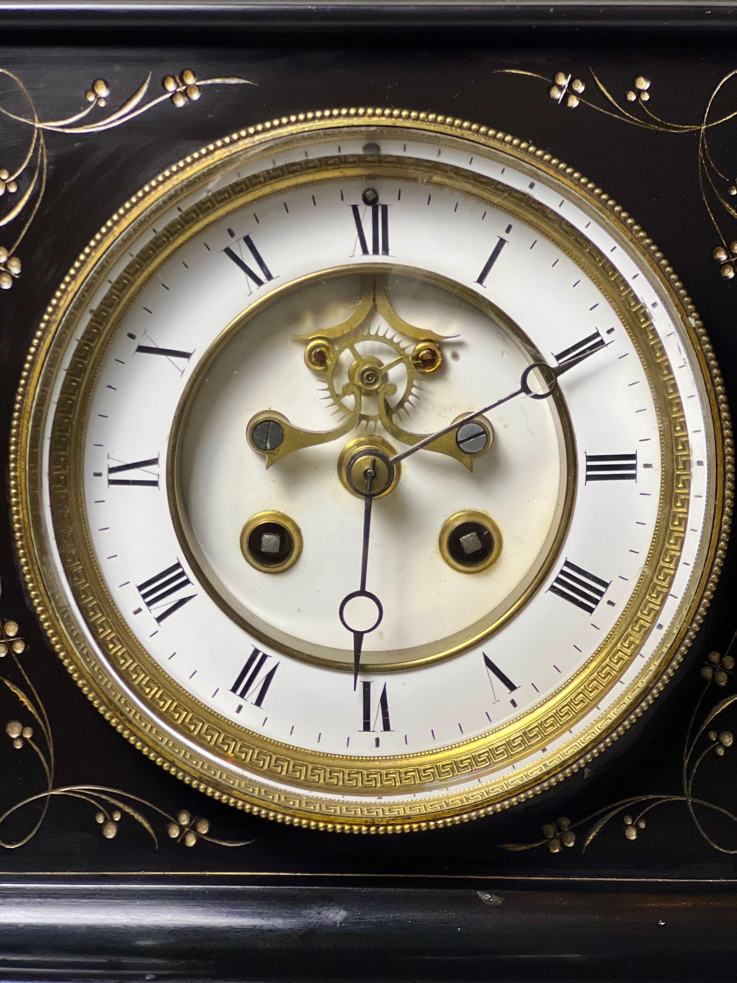 French Belgian Black Slate Mantle Clock with Open Escapement and Malachite Inlay For Sale 3