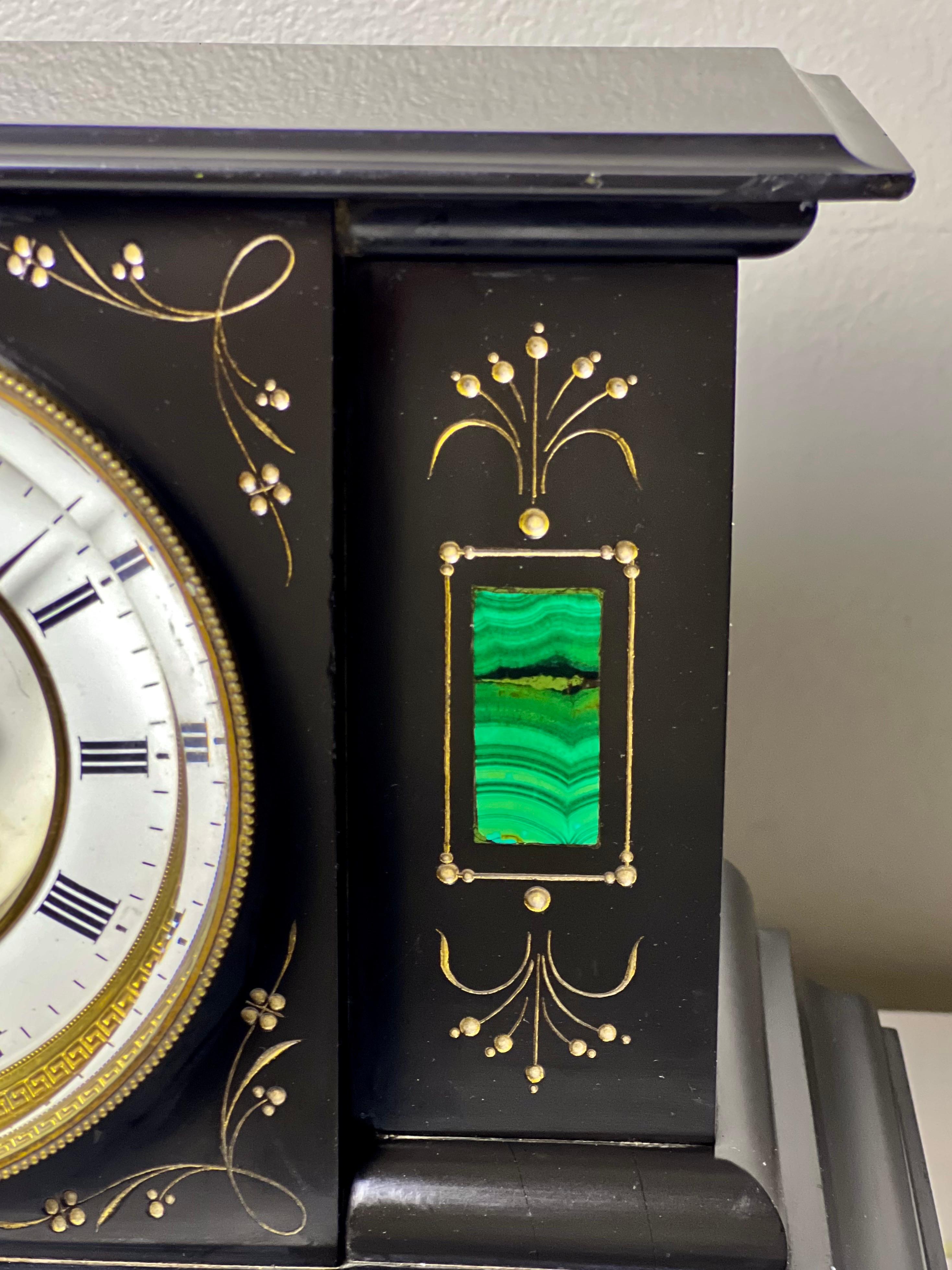 French Belgian Black Slate Mantle Clock with Open Escapement and Malachite Inlay For Sale 4