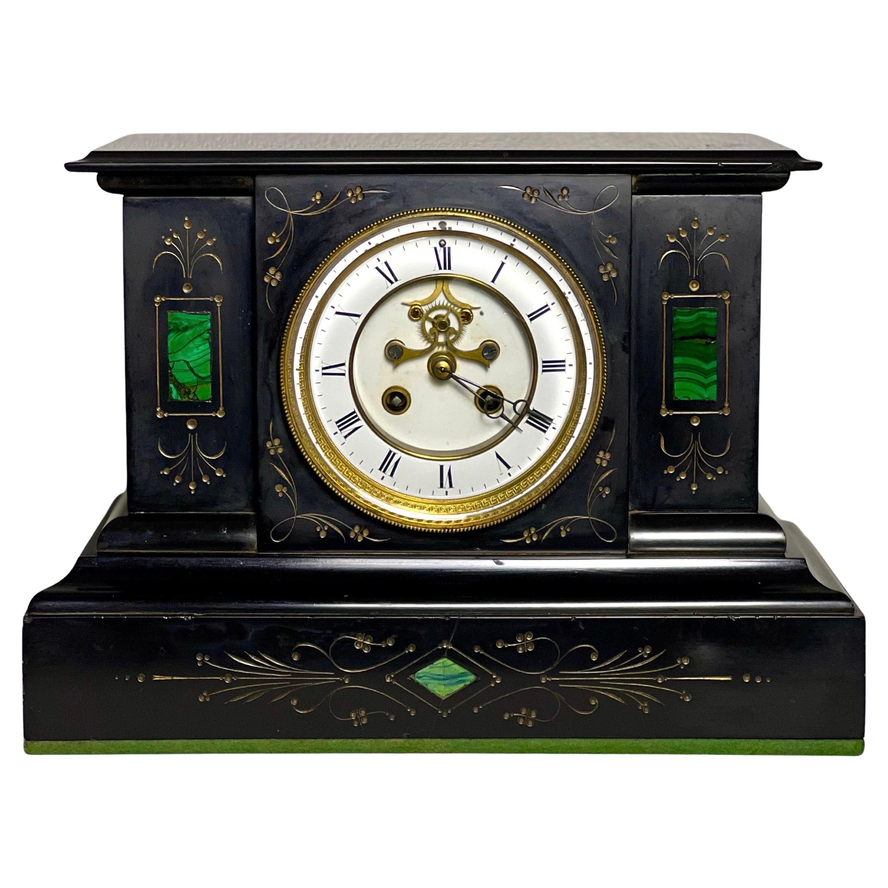 French Belgian Black Slate Mantle Clock with Open Escapement and Malachite Inlay For Sale