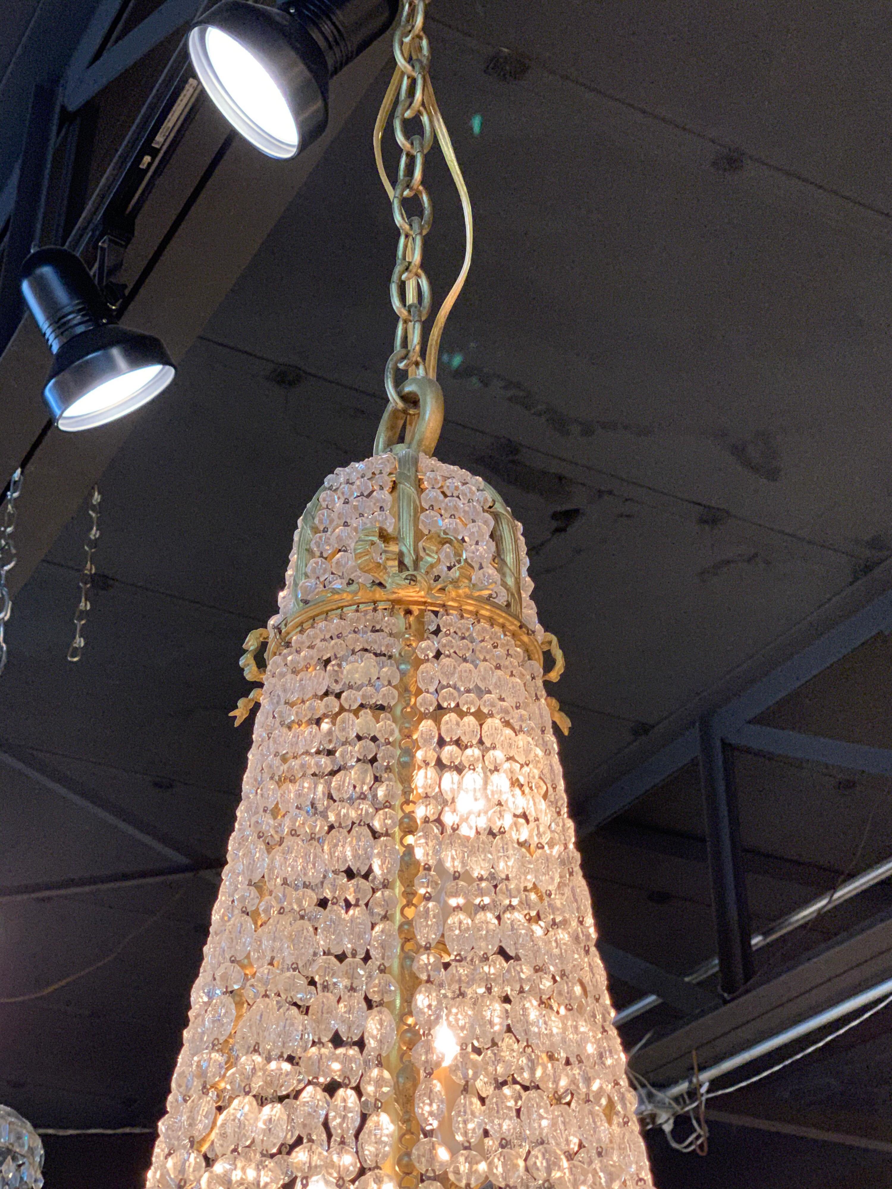 French Belle Epogue Gilt Bronze Beaded Crystal Chandelier In Good Condition In Dallas, TX