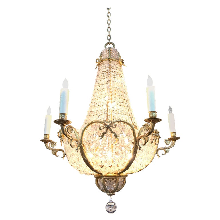 French Belle Epogue Gilt Bronze Beaded, Bronze Chandelier With Crystal Beads