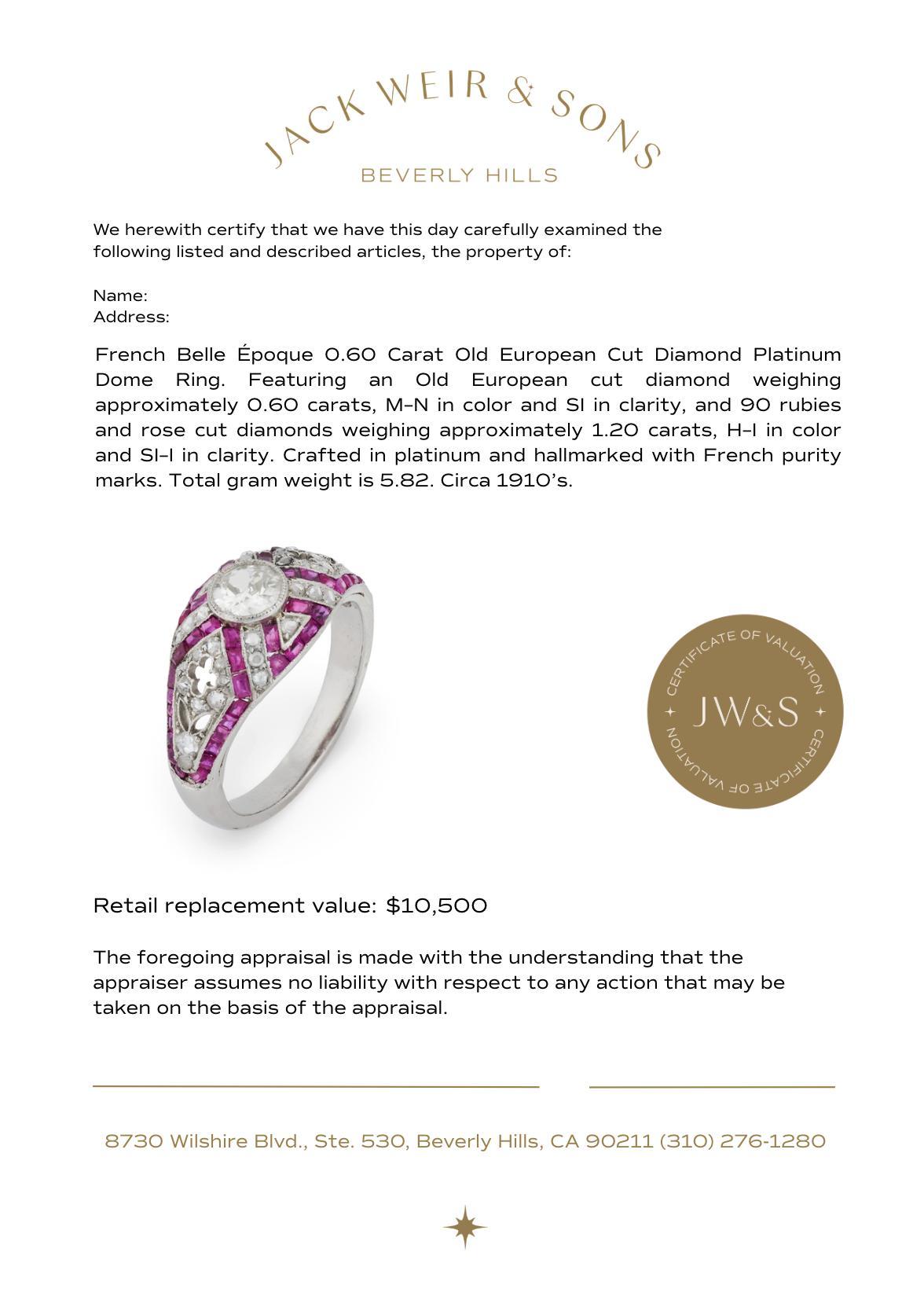 Bague dôme en platine avec diamant de taille européenne de 0,60 carat de la Belle Époque française 1