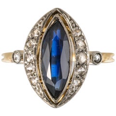 French Belle Époque 1.20 Carat Sapphire Diamonds 18 Karat Gold Marquise Ring