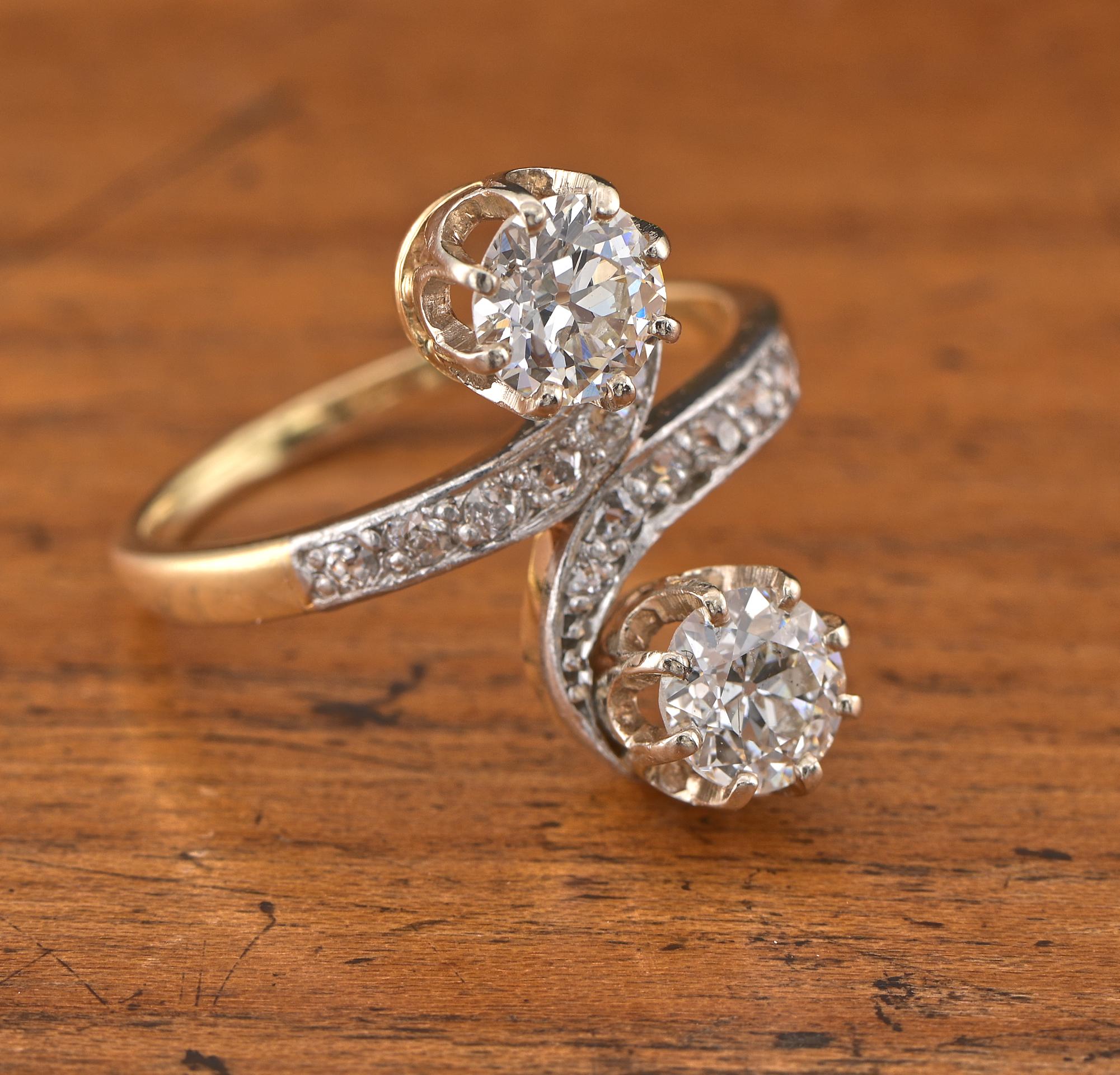 Belle Époque French Belle Epoque 1.30 Ct Diamond Plus You & Me Ring  en vente