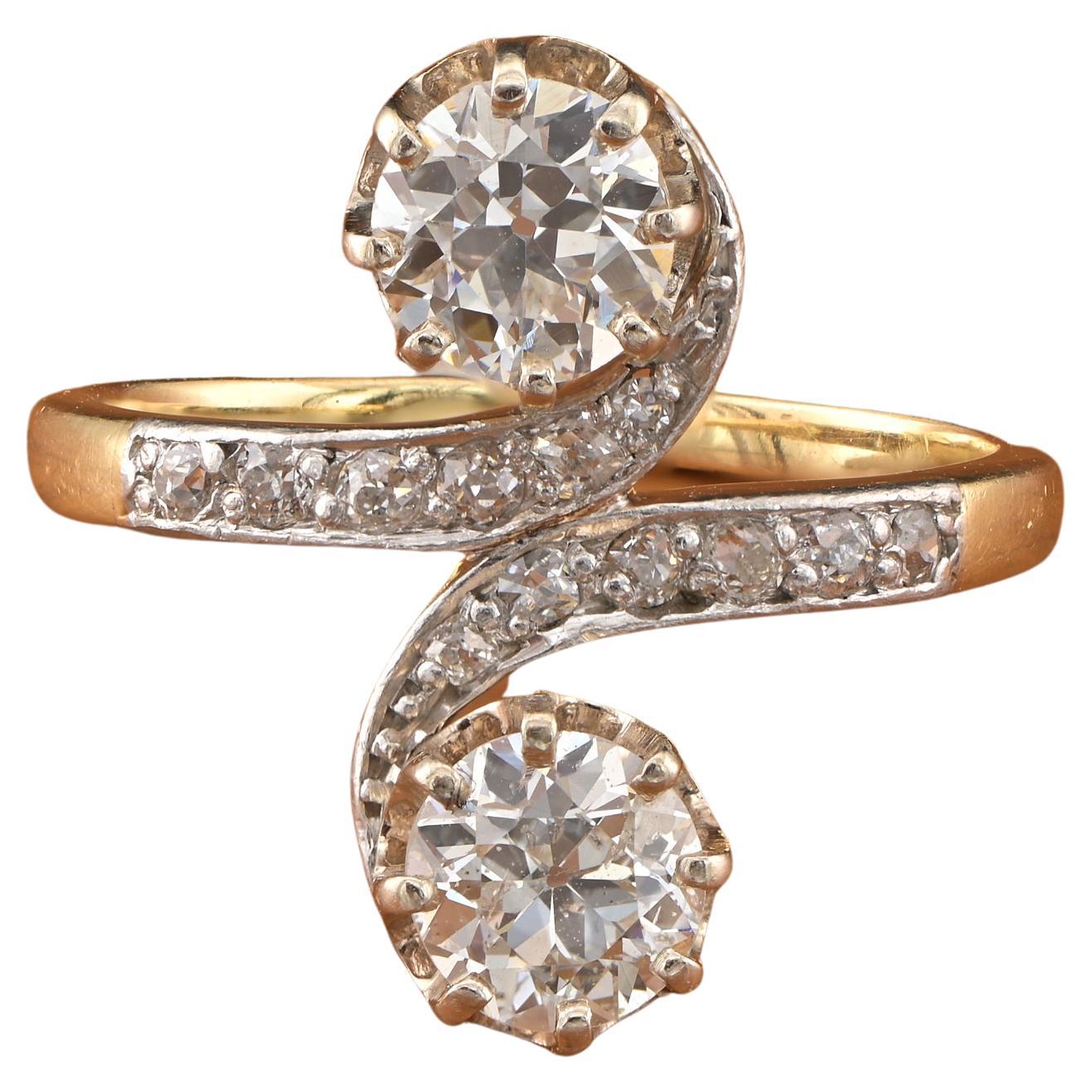 French Belle Epoque 1.30 Ct Diamond Plus You & Me Ring  For Sale