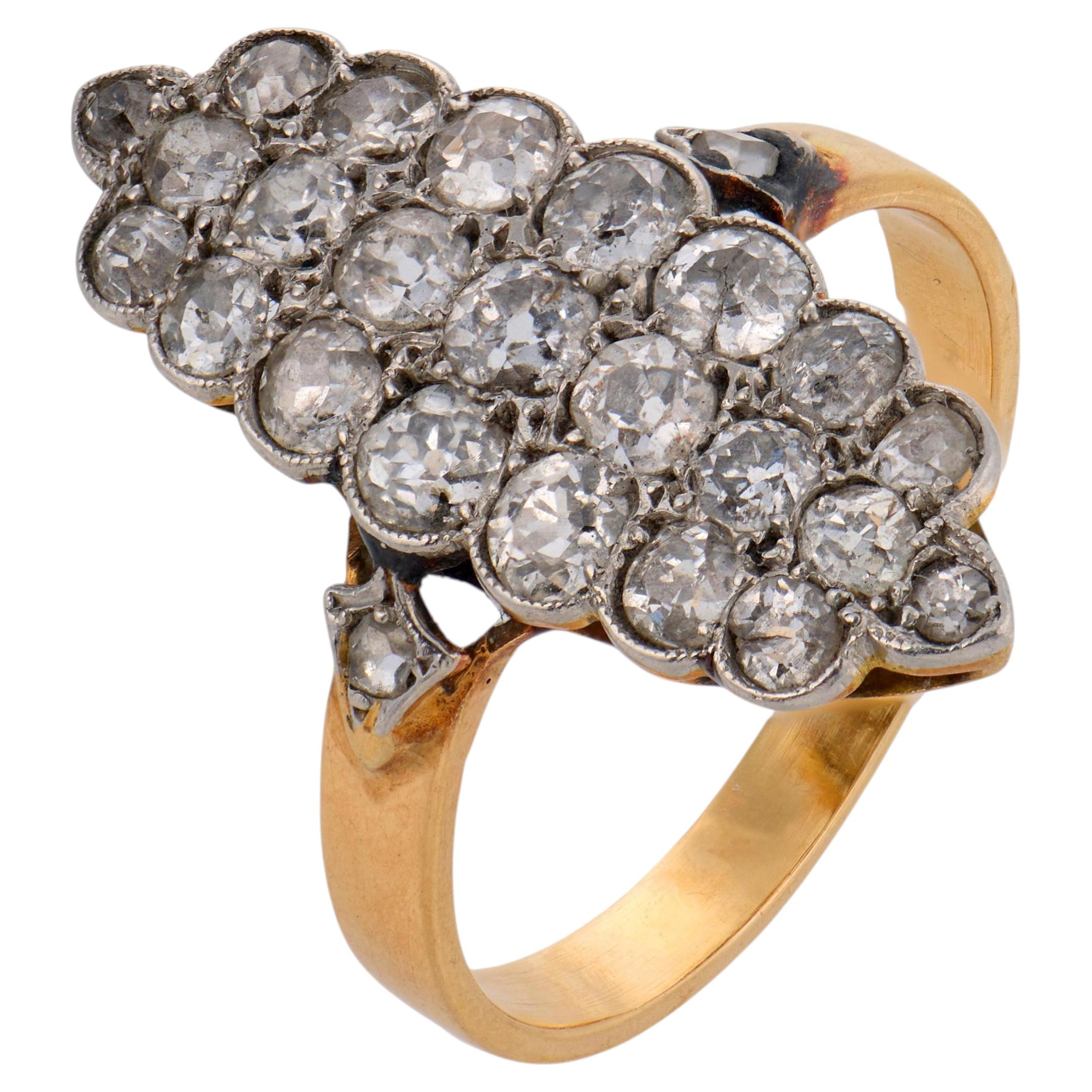 French Belle Époque 1.60 carat diamond 18k yellow gold platinum navette ring