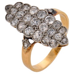 Ring im Navette-Stil aus 18-karätigem Gelbgold und Platin mit einem Diamanten aus der französischen Belle Époque (1,60 Karat)