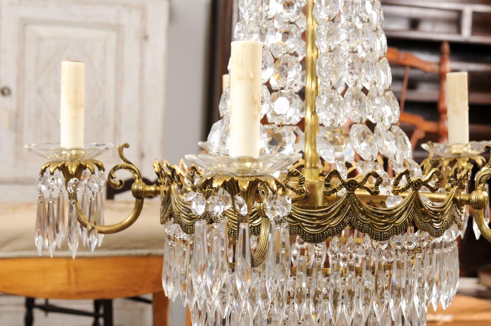 French Belle Époque 1890s Five-Light Crystal and Bronze Basket Chandelier, Wired For Sale 6