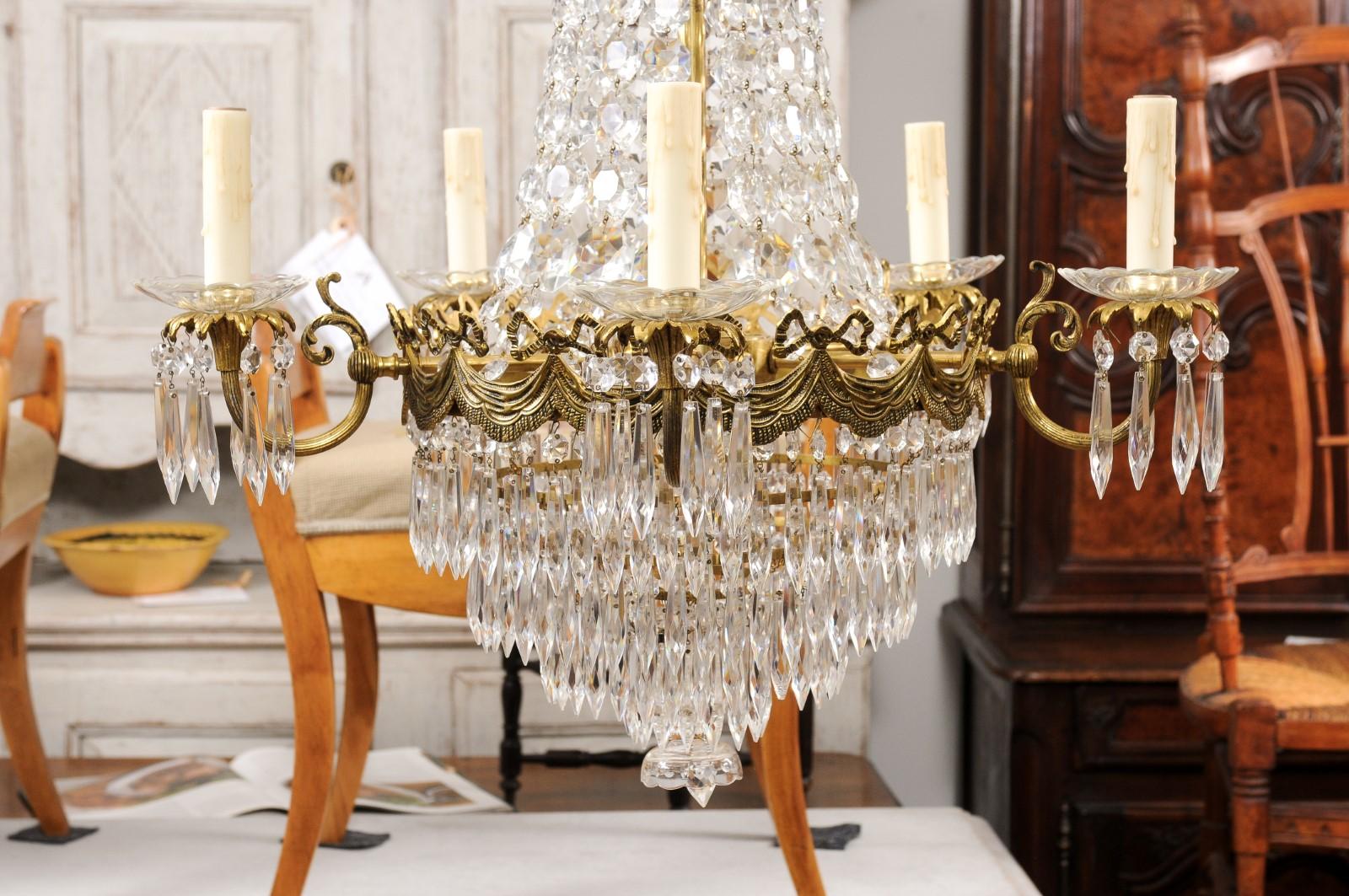 19th Century French Belle Époque 1890s Five-Light Crystal and Bronze Basket Chandelier, Wired For Sale