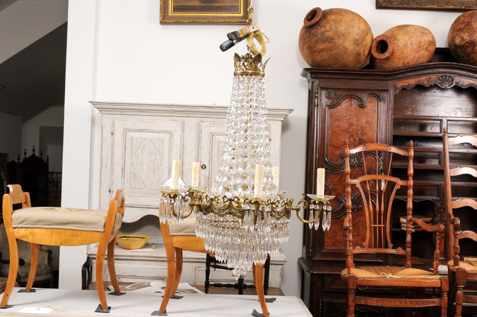 French Belle Époque 1890s Five-Light Crystal and Bronze Basket Chandelier, Wired For Sale 3