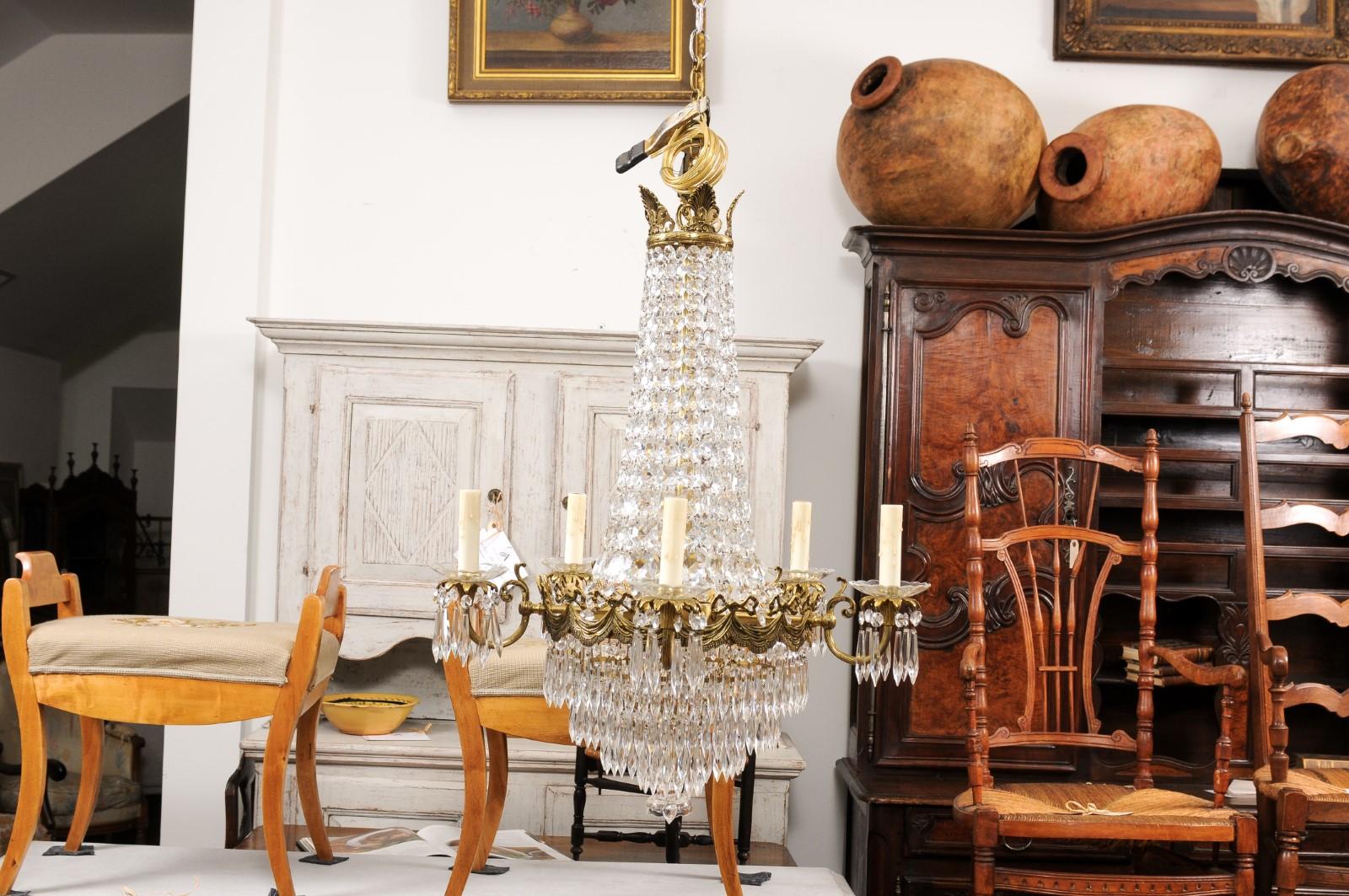 French Belle Époque 1890s Five-Light Crystal and Bronze Basket Chandelier, Wired For Sale 4