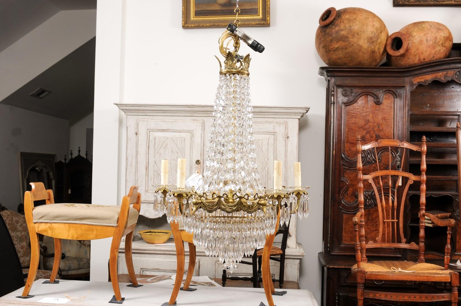 French Belle Époque 1890s Five-Light Crystal and Bronze Basket Chandelier, Wired For Sale 5