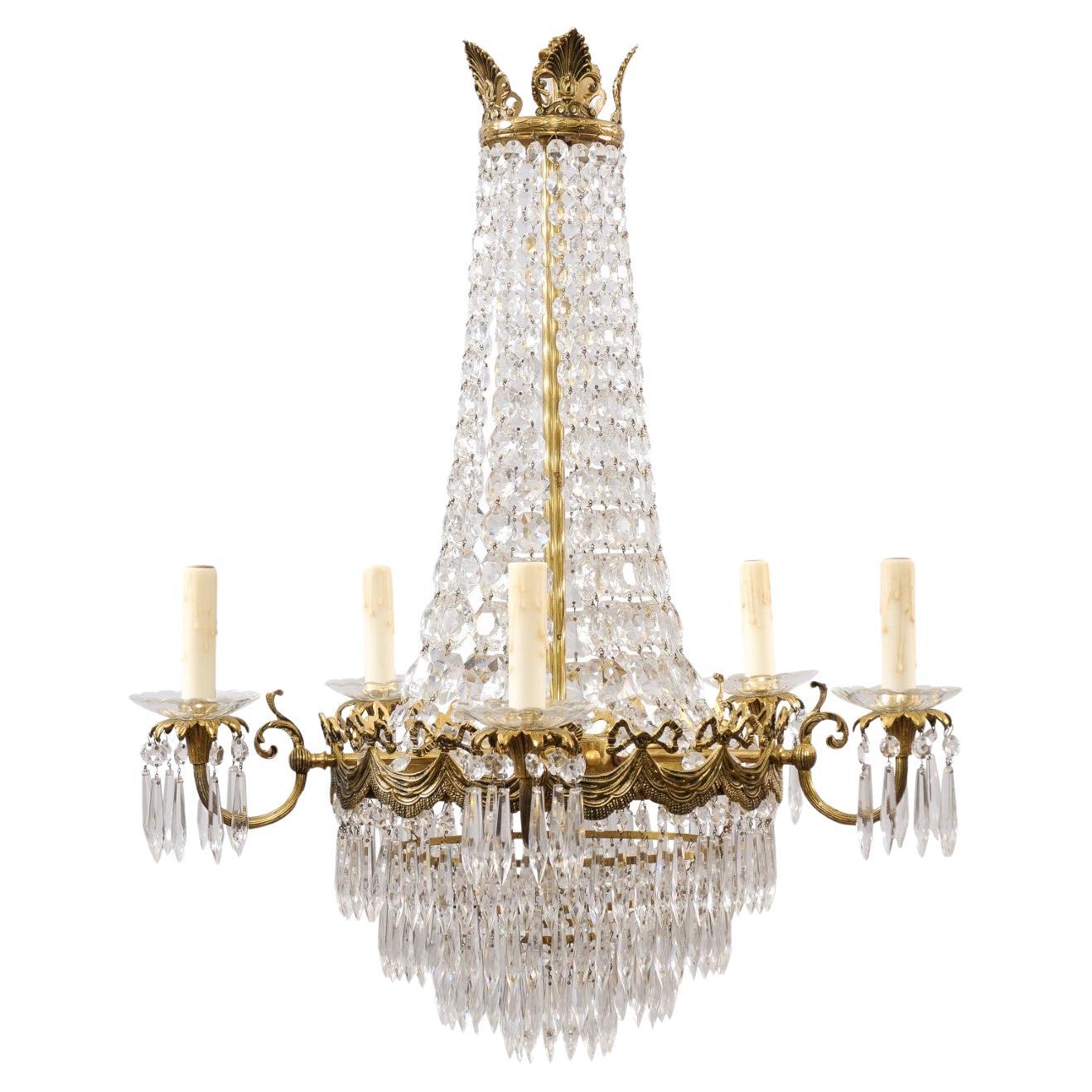 French Belle Époque 1890s Five-Light Crystal and Bronze Basket Chandelier, Wired For Sale