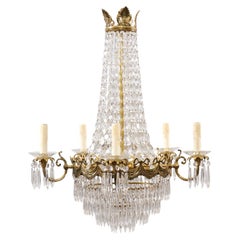 Used French Belle Époque 1890s Five-Light Crystal and Bronze Basket Chandelier, Wired