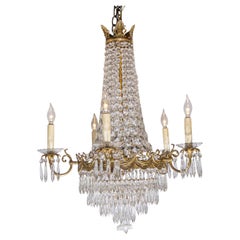 Antique French Belle Époque 1890s Five-Light Crystal and Bronze Basket Chandelier, Wired