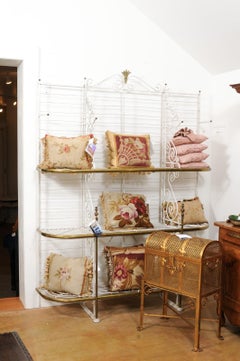 French Belle Époque 1890s White Painted Metal Baker’s Rack with Brass Accents