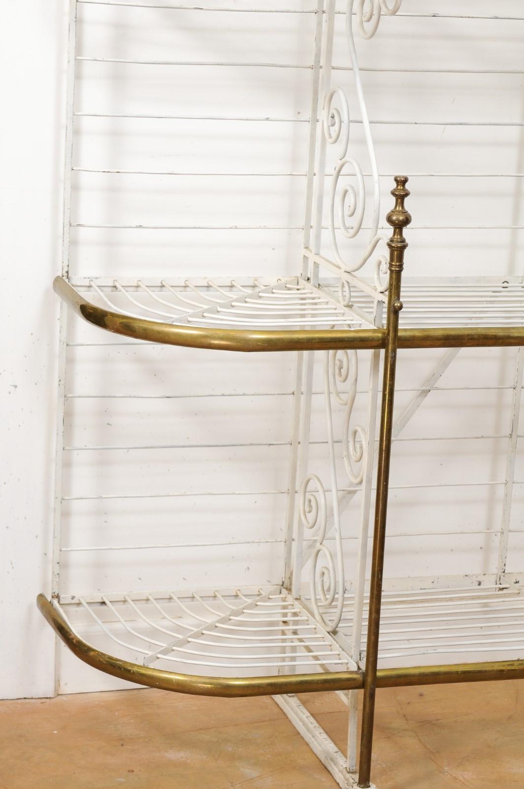 19th Century French Belle Époque 1890s White Painted Metal Baker’s Rack with Brass Accents