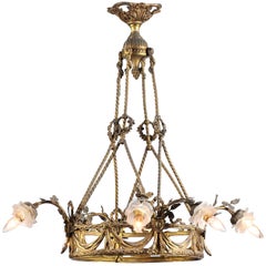 French Belle Époque 1895s Six-Light Bronze Chandelier with Hand Blown Globes