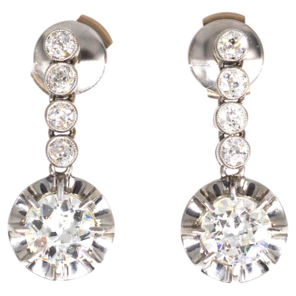 French Belle Epoque 18ct White Gold & 24ct Platinum Diamond Dangling Earrings For Sale