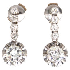 French Belle Epoque 18ct White Gold & 24ct Platinum Diamond Dangling Earrings