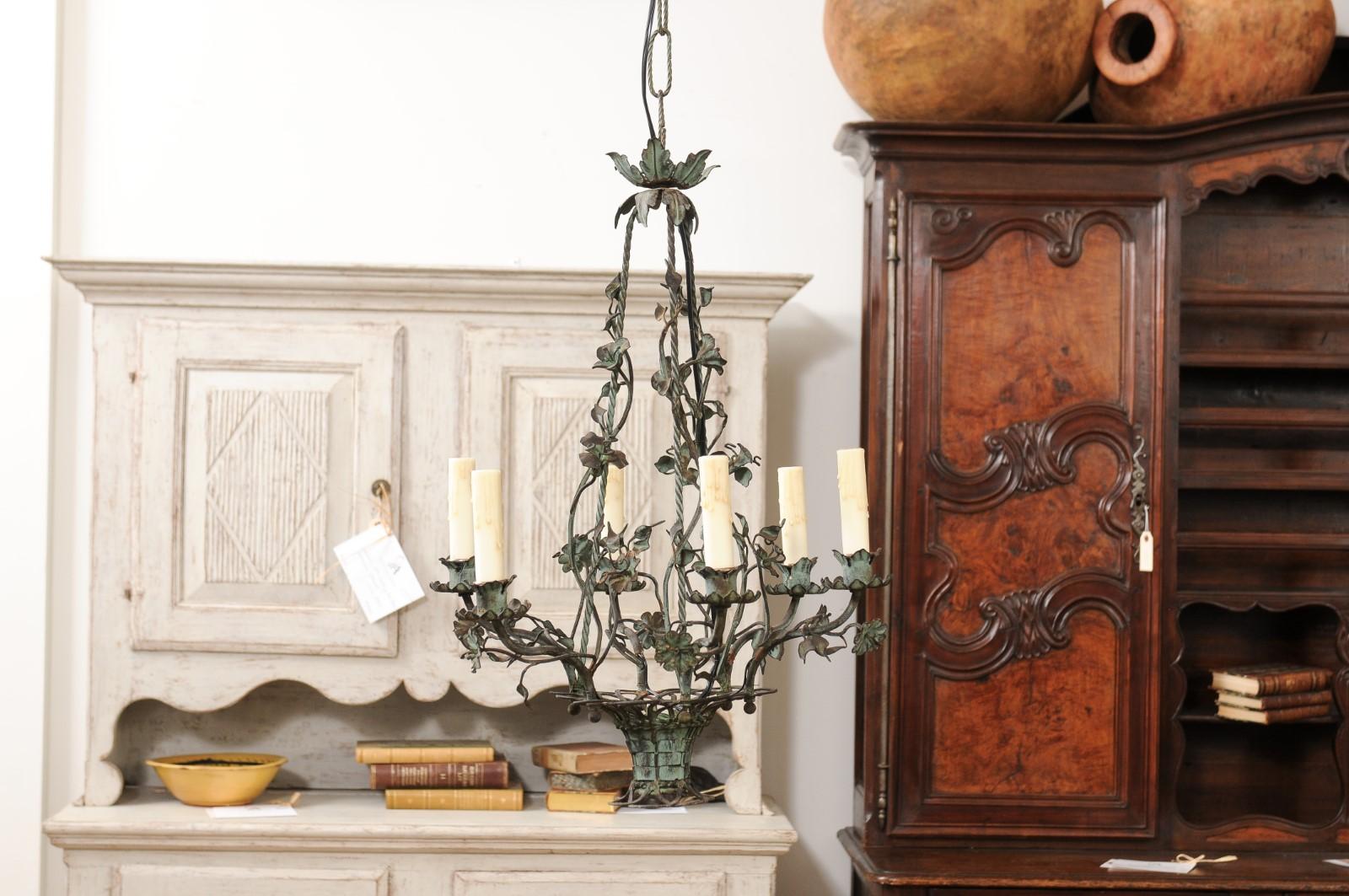 20th Century French Belle Époque 1900s Painted Iron Six-Light Chandelier with Floral Décor