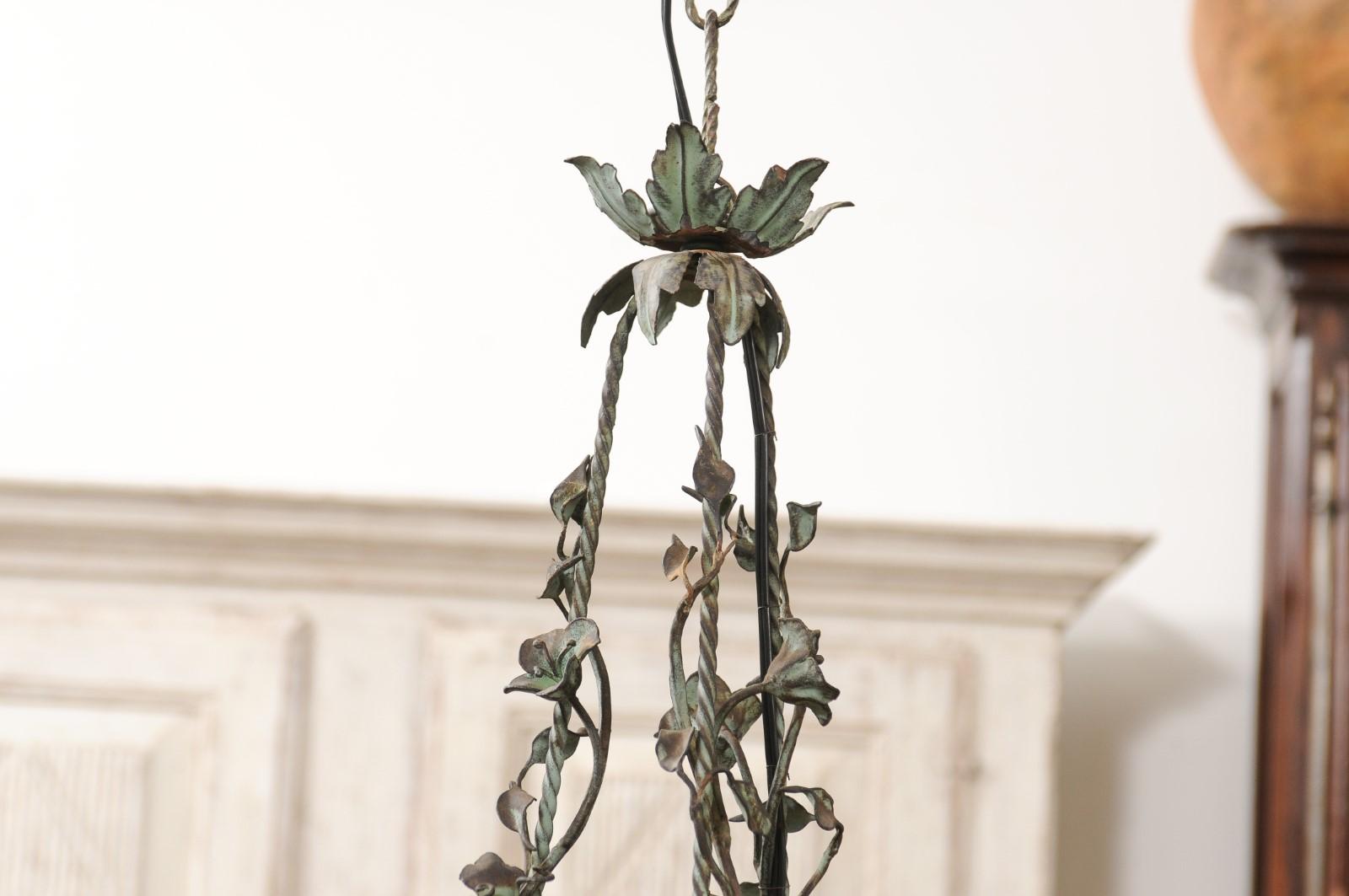 French Belle Époque 1900s Painted Iron Six-Light Chandelier with Floral Décor 1