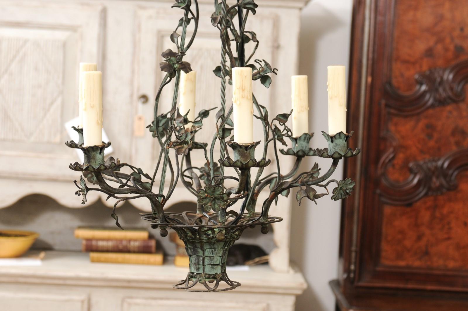 French Belle Époque 1900s Painted Iron Six-Light Chandelier with Floral Décor 2