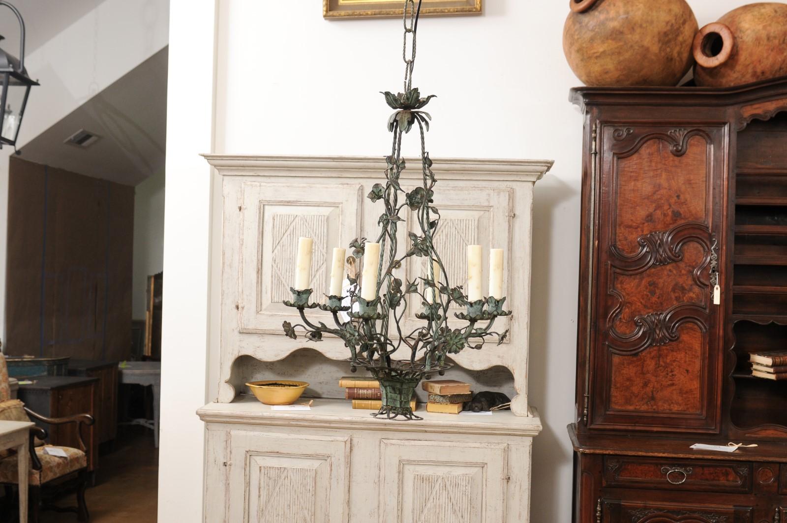 French Belle Époque 1900s Painted Iron Six-Light Chandelier with Floral Décor 3