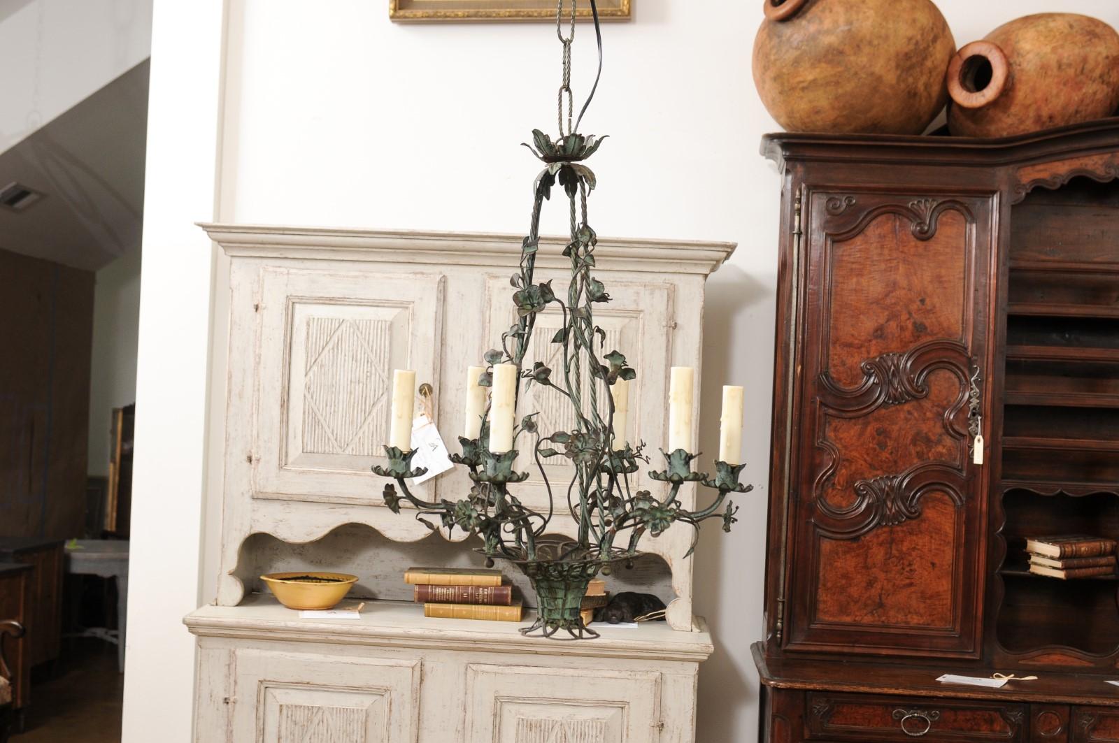 French Belle Époque 1900s Painted Iron Six-Light Chandelier with Floral Décor 4