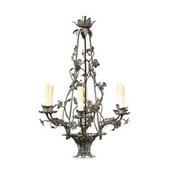 French Belle Époque 1900s Painted Iron Six-Light Chandelier with Floral Décor
