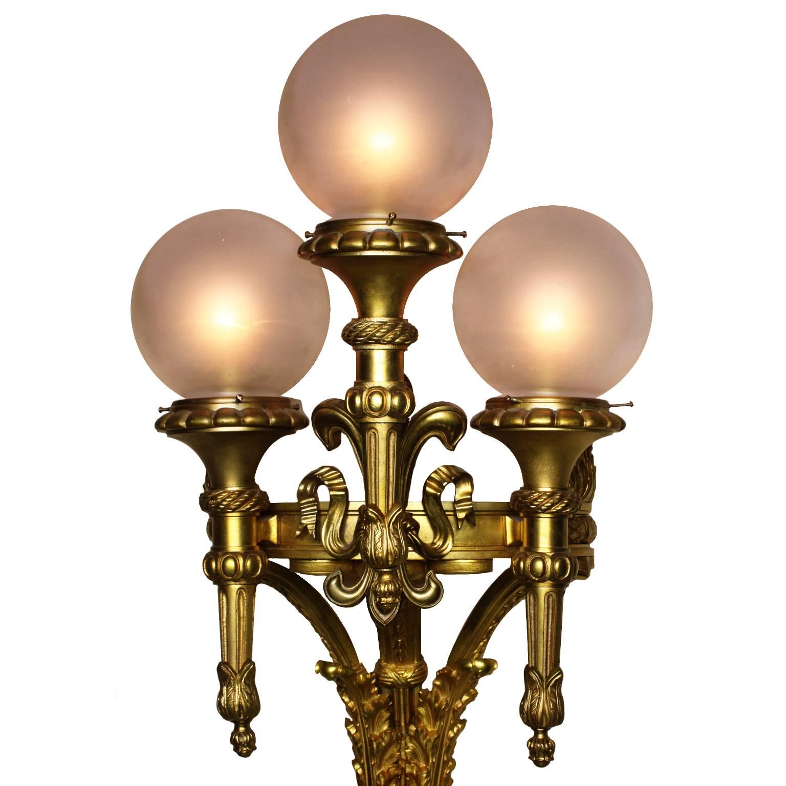 Frosted French Belle Époque 19th/20th Century Gilt-Bronze Three-Light Wall Light, Sconce