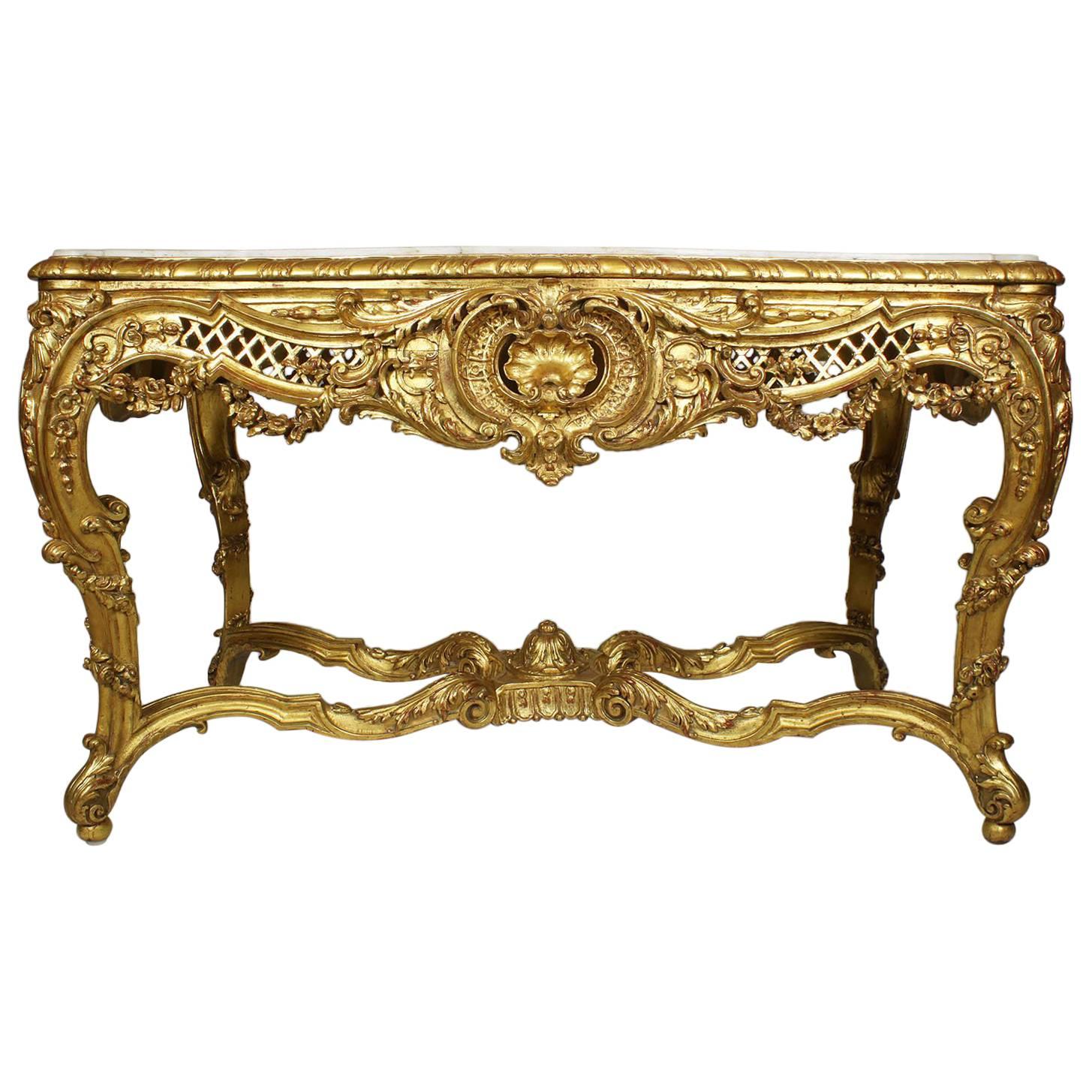 Mesa de centro francesa de la Belle Époque, de los siglos XIX y XX, de madera dorada y tallada, de estilo rococó
