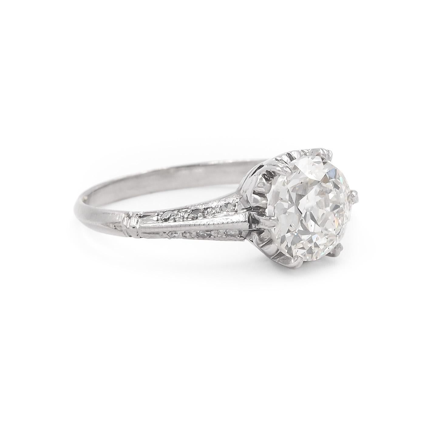 French Belle Epoque (Edwardian) Era Old European Cut Diamond Solitaire Engagement Ring composed of platinum. The 2.00 carat Old European Cut diamond is GIA certified L color & SI2 clarity, set within a multi-claw prong buttercup-style mounting. With