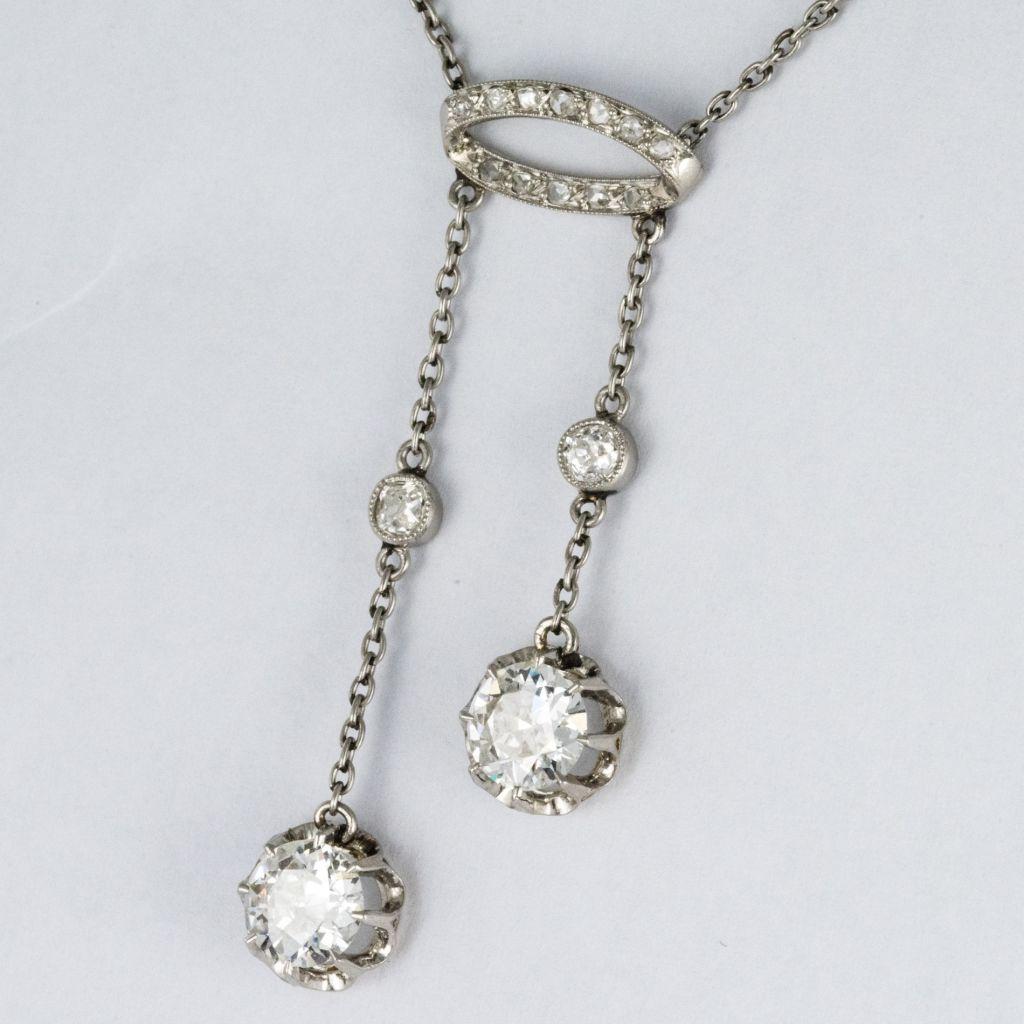 French Belle Époque 2.06 Carat Diamond Pendant Chain Neglige Necklace 2