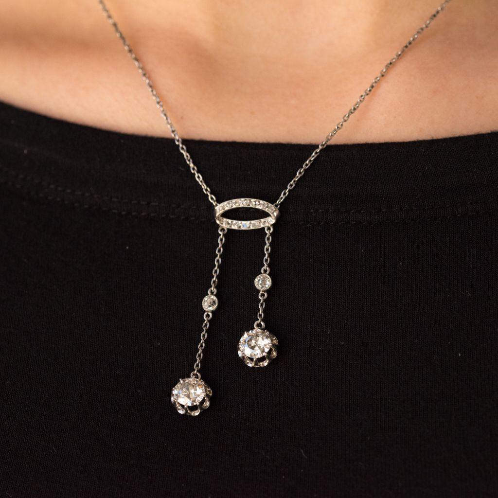 French Belle Époque 2.06 Carat Diamond Pendant Chain Neglige Necklace 3