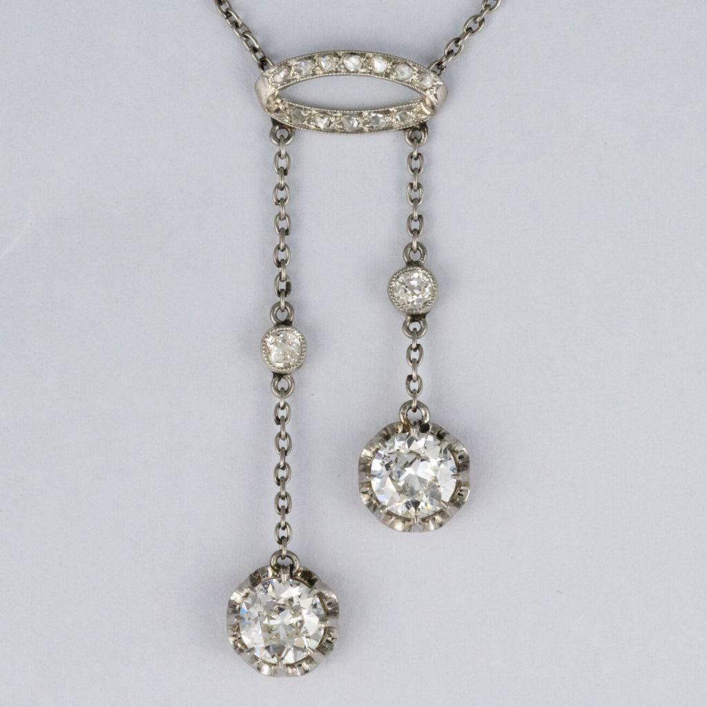 French Belle Époque 2.06 Carat Diamond Pendant Chain Neglige Necklace 4