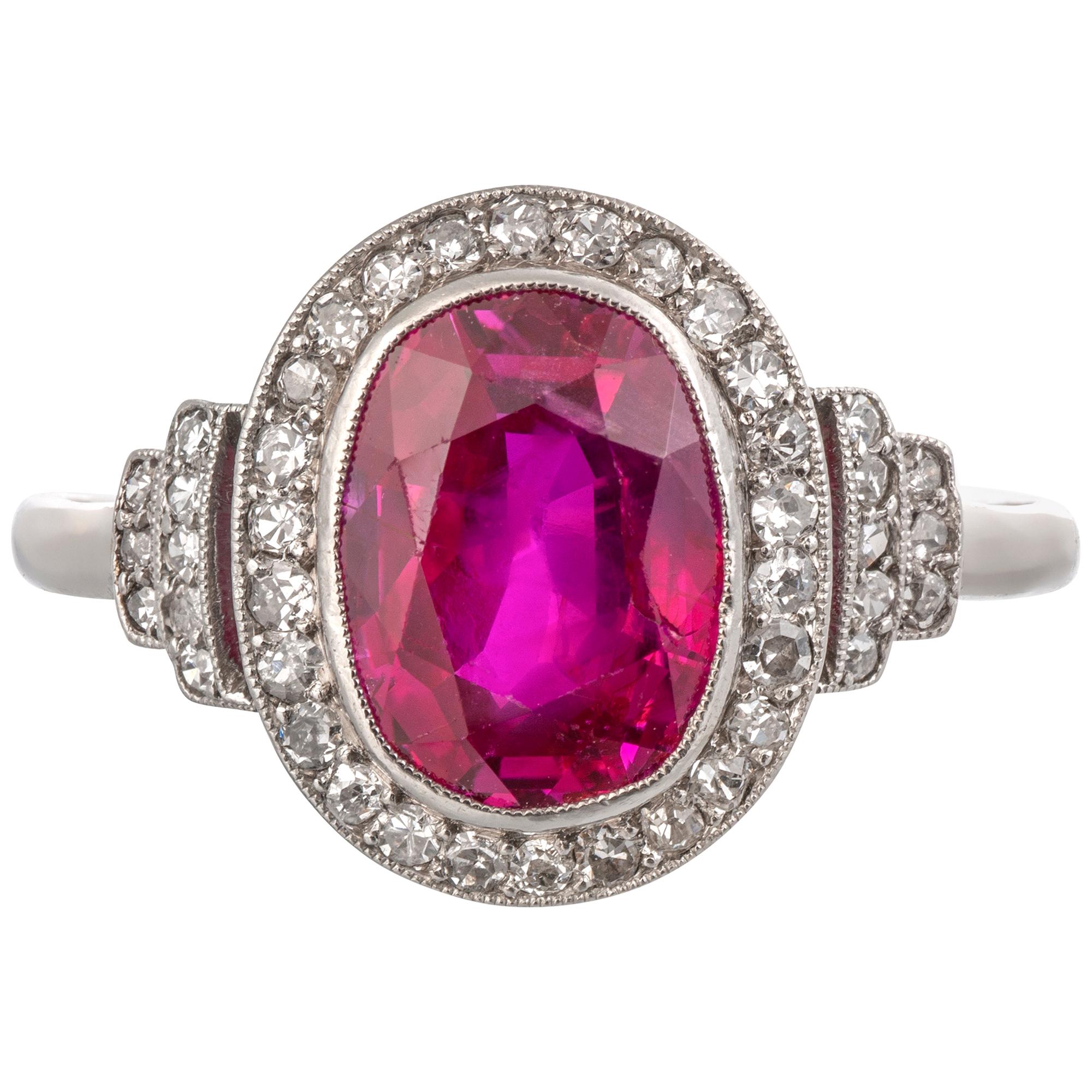 French Belle Époque 3 Carat Burma Ruby and Diamond Cluster Ring Set in Platinum For Sale