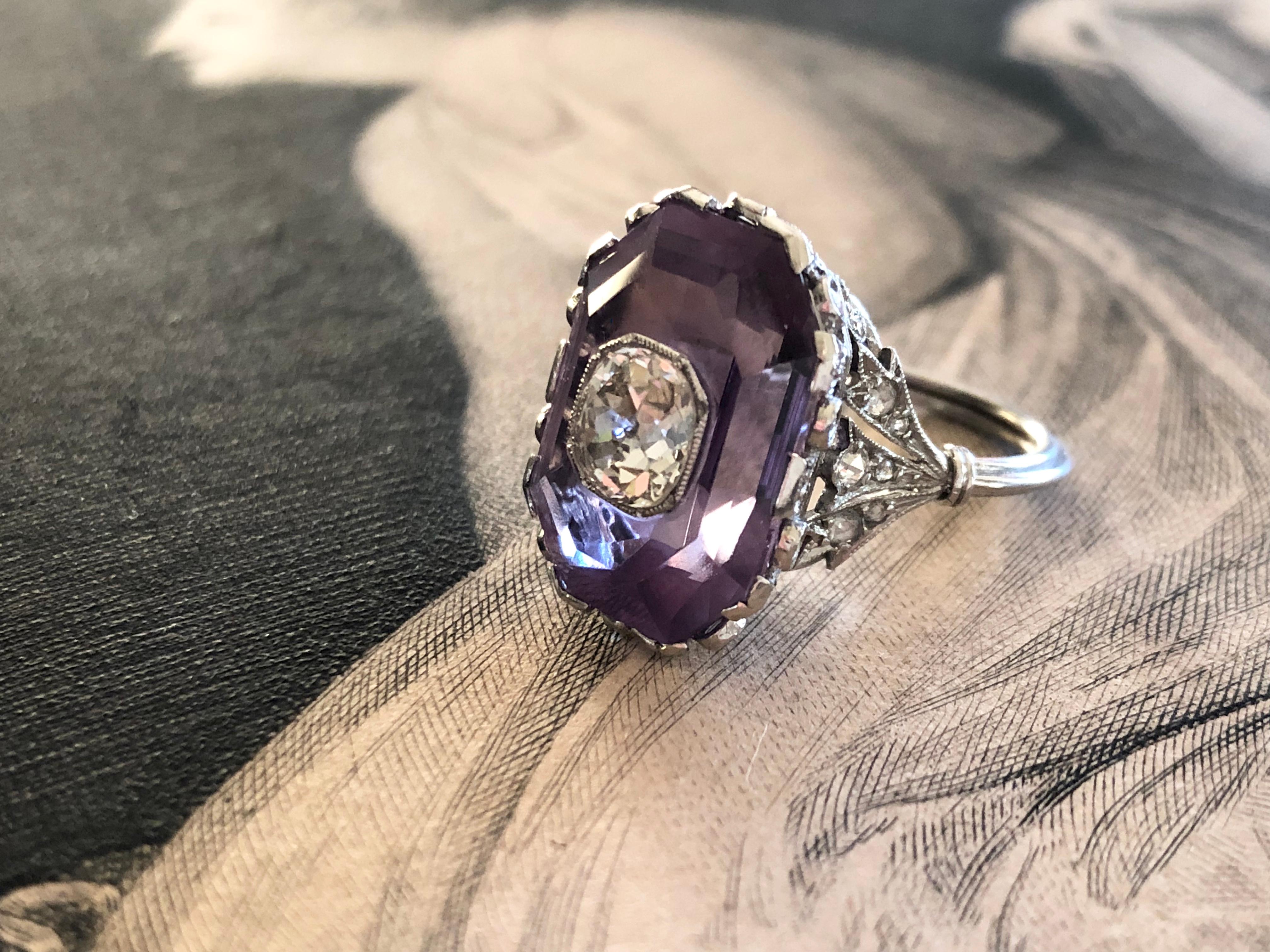 Old Mine Cut French Belle Époque Amethyst and Rose Cut Diamond Ring For Sale