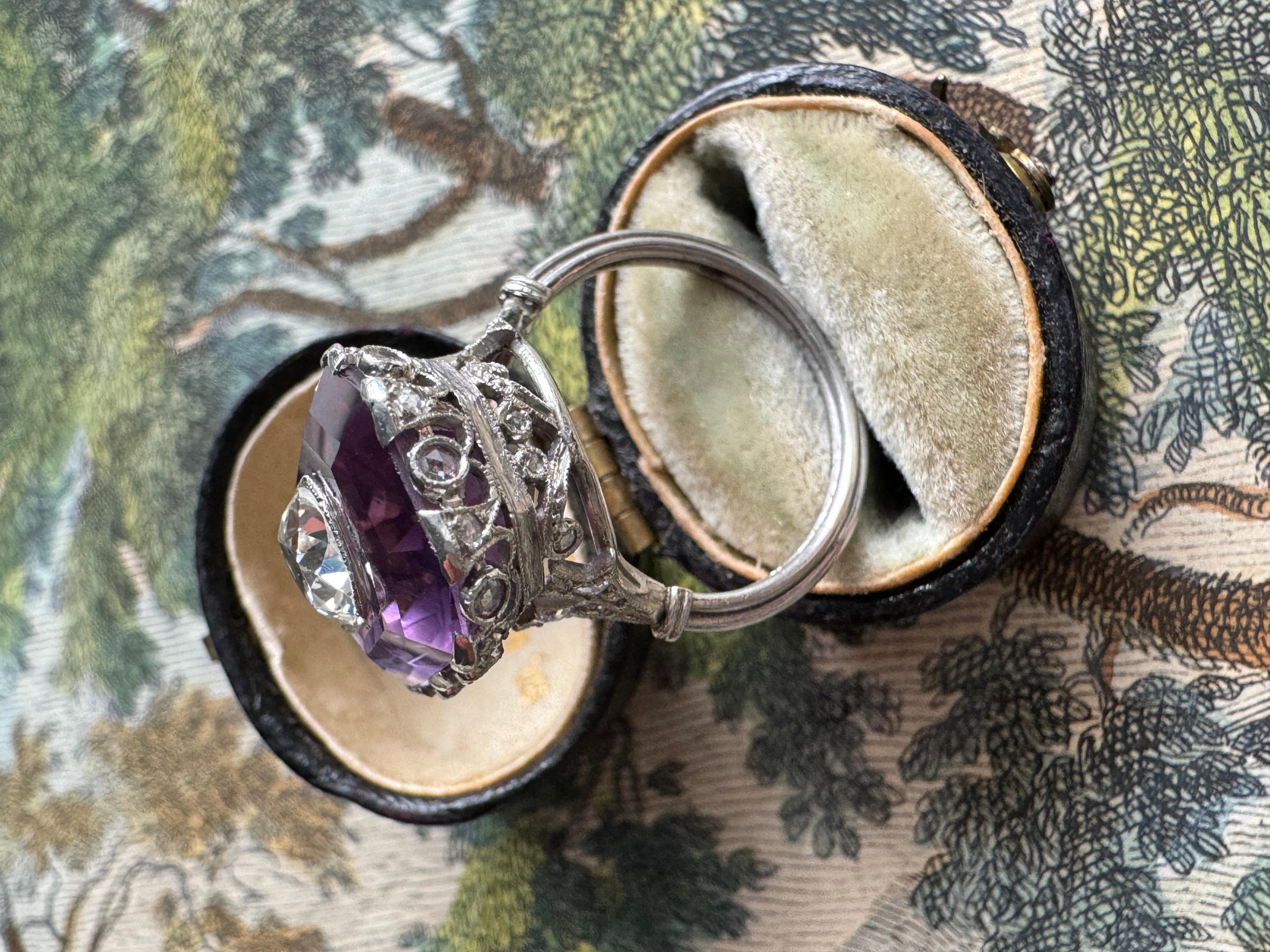 Women's French Belle Époque Amethyst and Rose Cut Diamond Ring For Sale