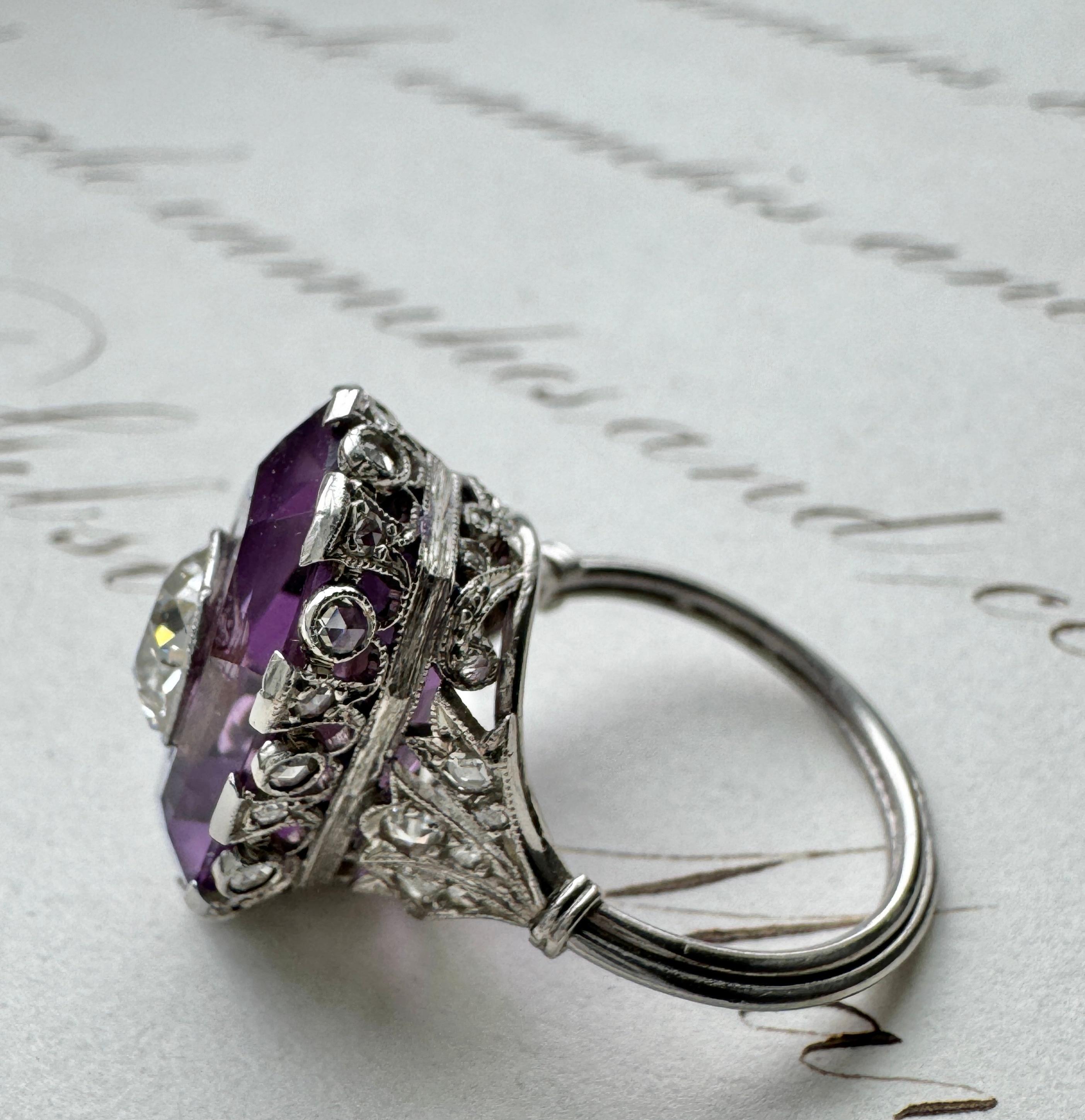 French Belle Époque Amethyst and Rose Cut Diamond Ring For Sale 1