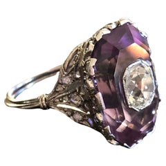 Antique French Belle Époque Amethyst and Rose Cut Diamond Ring